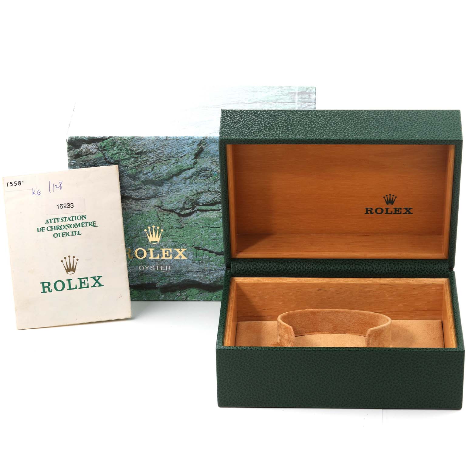 This image shows a Rolex Datejust 16233 Men's Steel and Gold (two tone) Champagne Dial 16233 Men's Steel and Gold (two tone) Champagne Dial watch box, including the outer cardboard box, inner wooden box, and the certificate card.