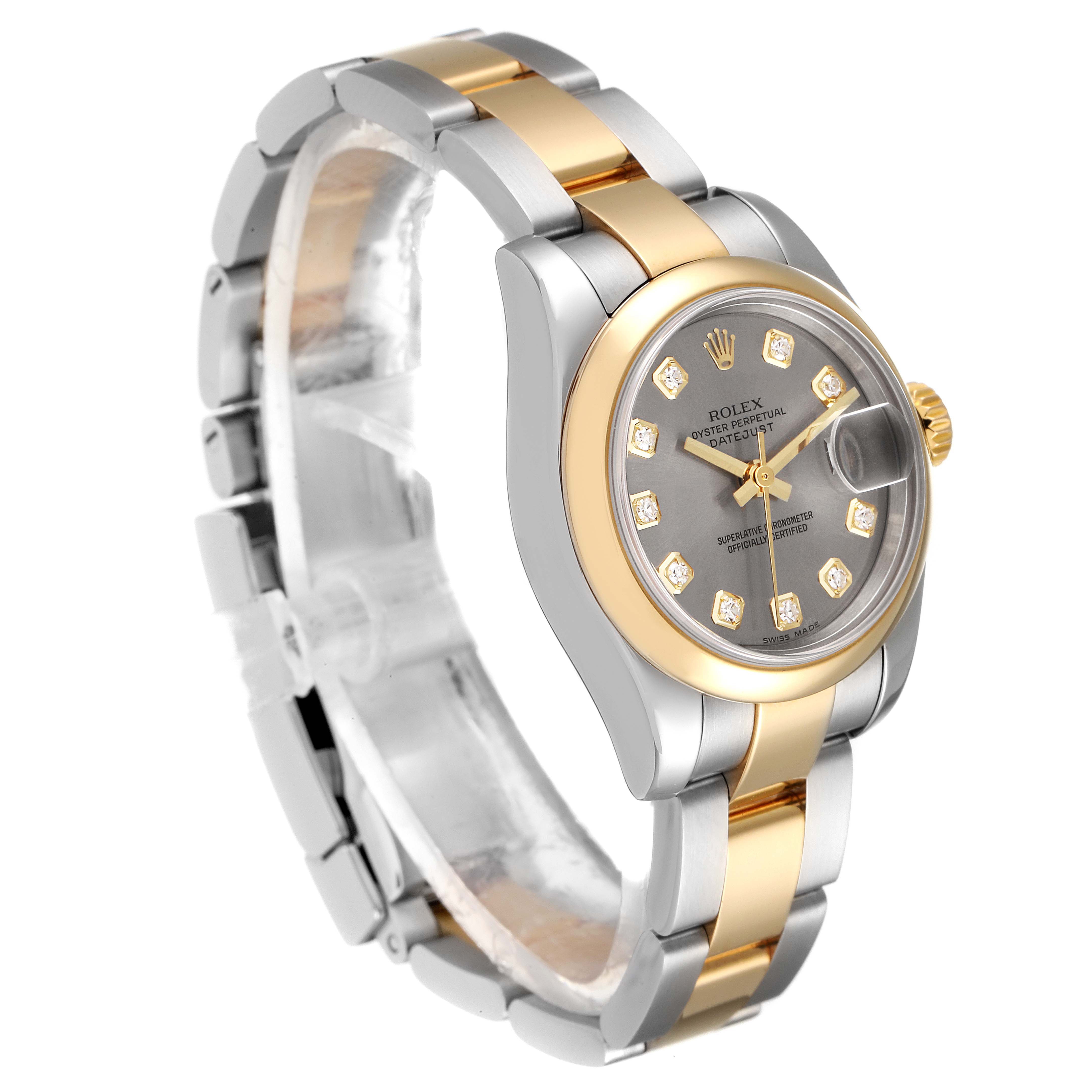 This Rolex Datejust 179163 Women
s Steel and Gold (two tone) Grey Dial 179163 Women
s Steel and Gold (two tone) Grey Dial watch is shown at a 3/4 angle, highlighting the face, bezel, and bracelet.