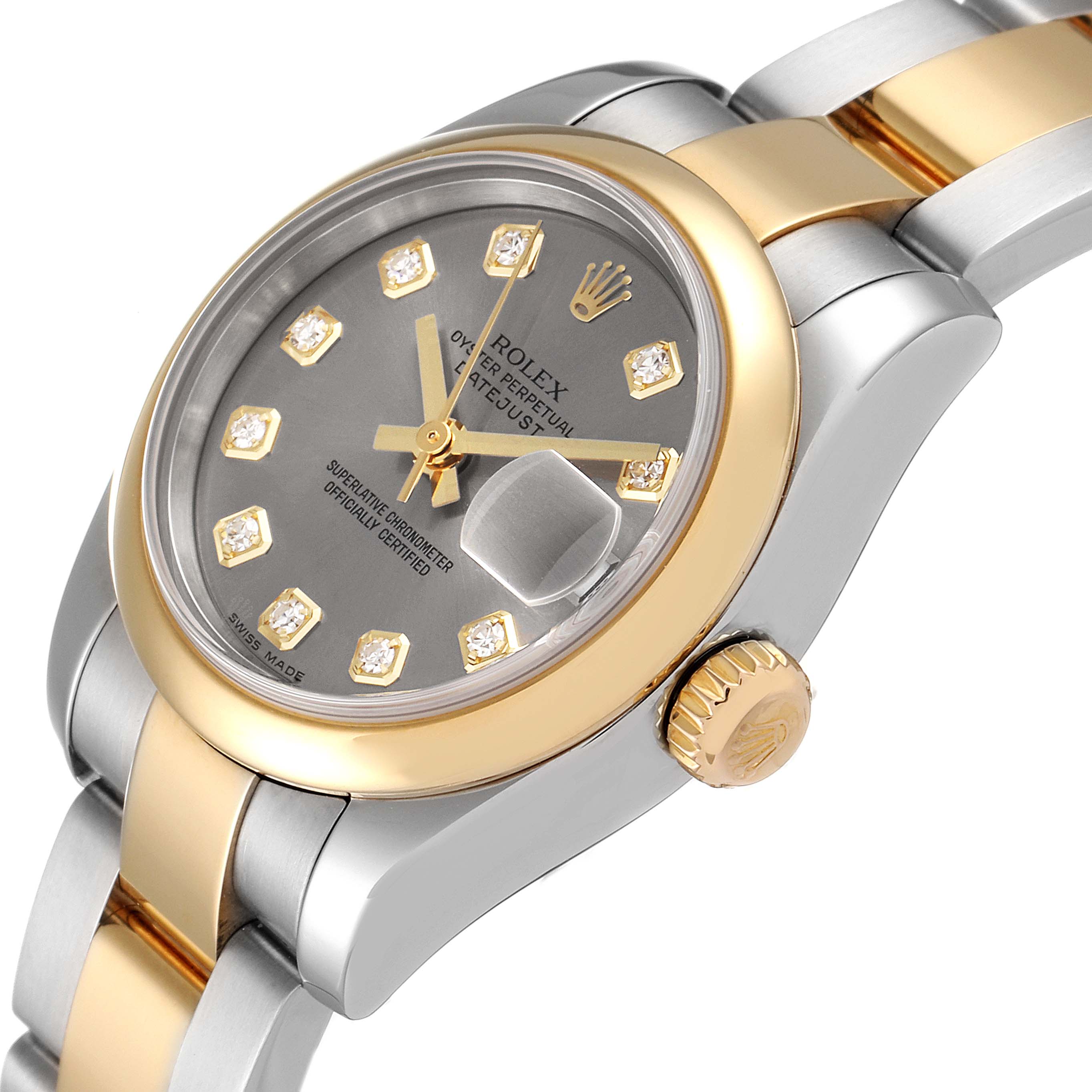 The Rolex Datejust 179163 Women
s Steel and Gold (two tone) Grey Dial 179163 Women
s Steel and Gold (two tone) Grey Dial watch is shown at an angle highlighting its bezel, dial, crown, and bracelet.