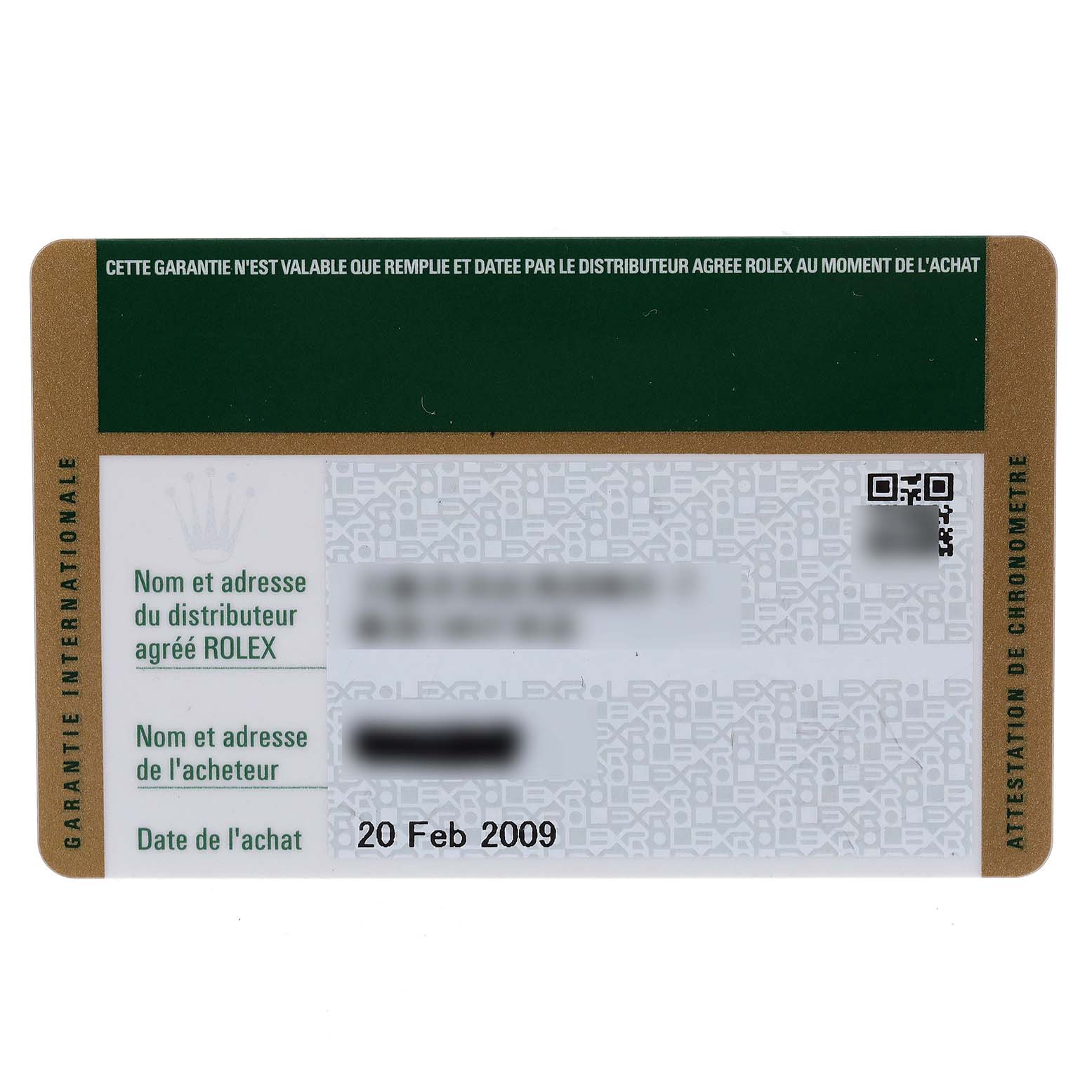 This is a guarantee card for a Rolex Datejust 179163 Women
s Steel and Gold (two tone) Grey Dial 179163 Women
s Steel and Gold (two tone) Grey Dial model, showing purchase and distributor information.