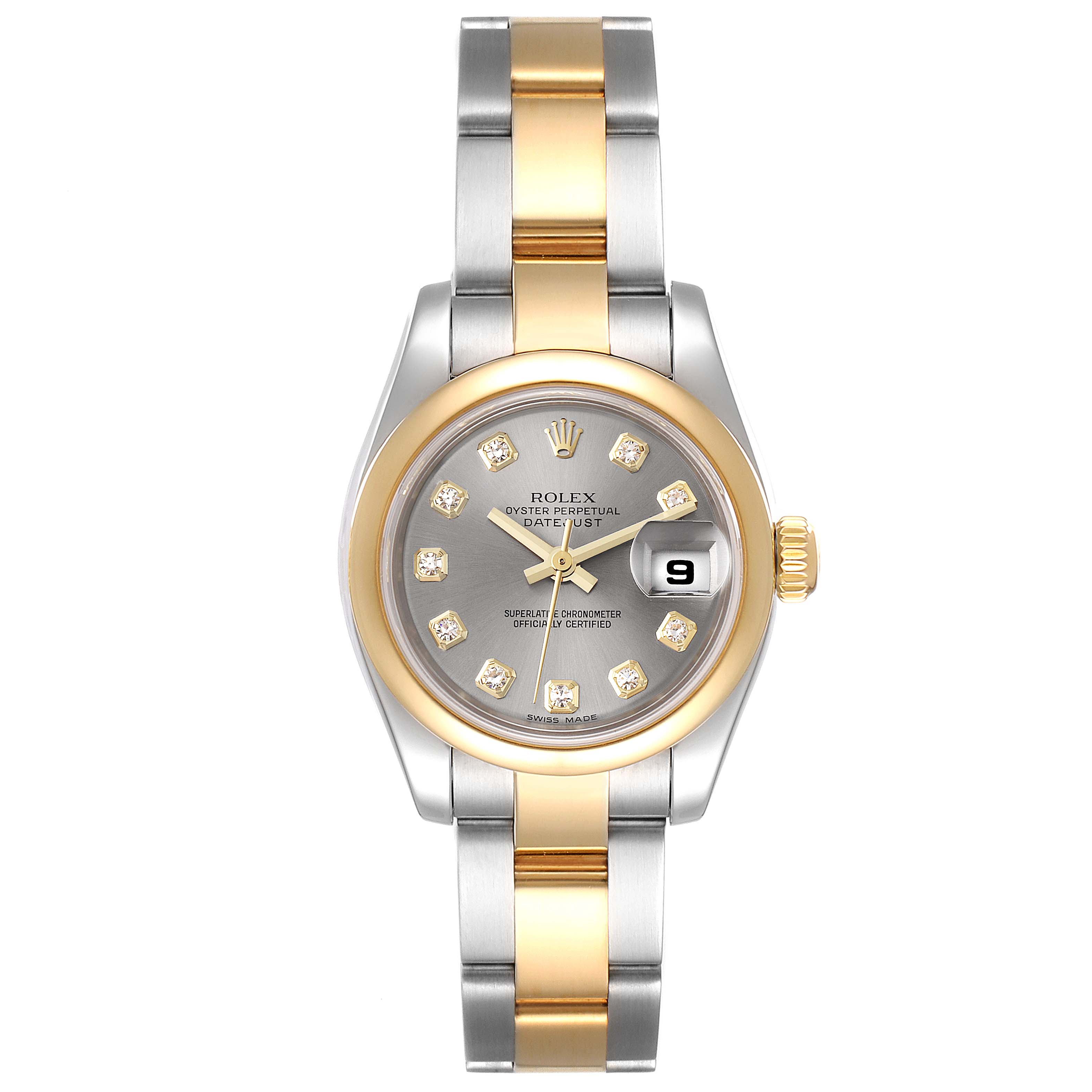 The image shows a Rolex Datejust 179163 Women
s Steel and Gold (two tone) Grey Dial 179163 Women
s Steel and Gold (two tone) Grey Dial model watch from a top-down view, highlighting the dial, bezel, and two-tone bracelet.