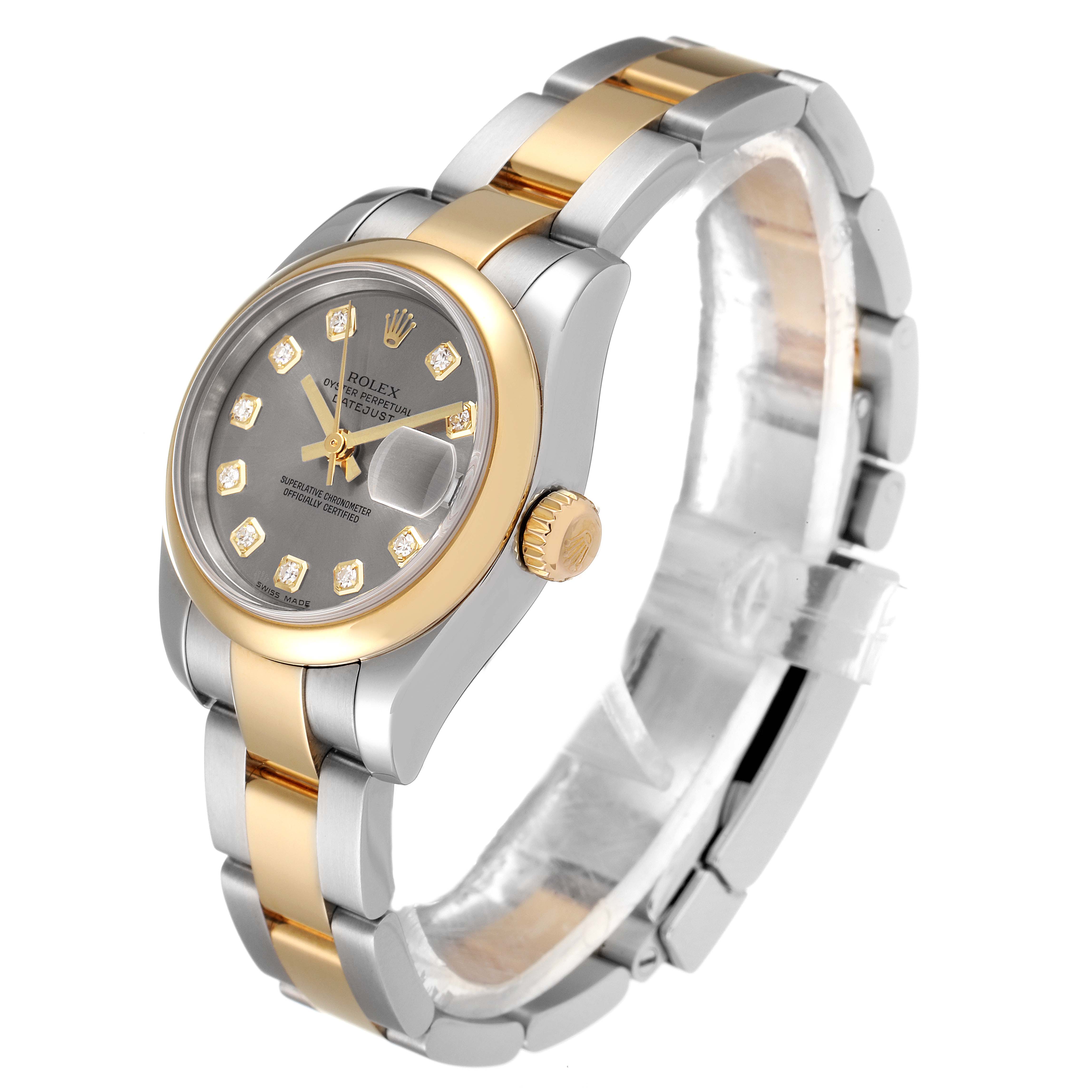 The image shows a Rolex Datejust 179163 Women
s Steel and Gold (two tone) Grey Dial 179163 Women
s Steel and Gold (two tone) Grey Dial watch at an angle, highlighting the dial, crown, and two-tone bracelet.