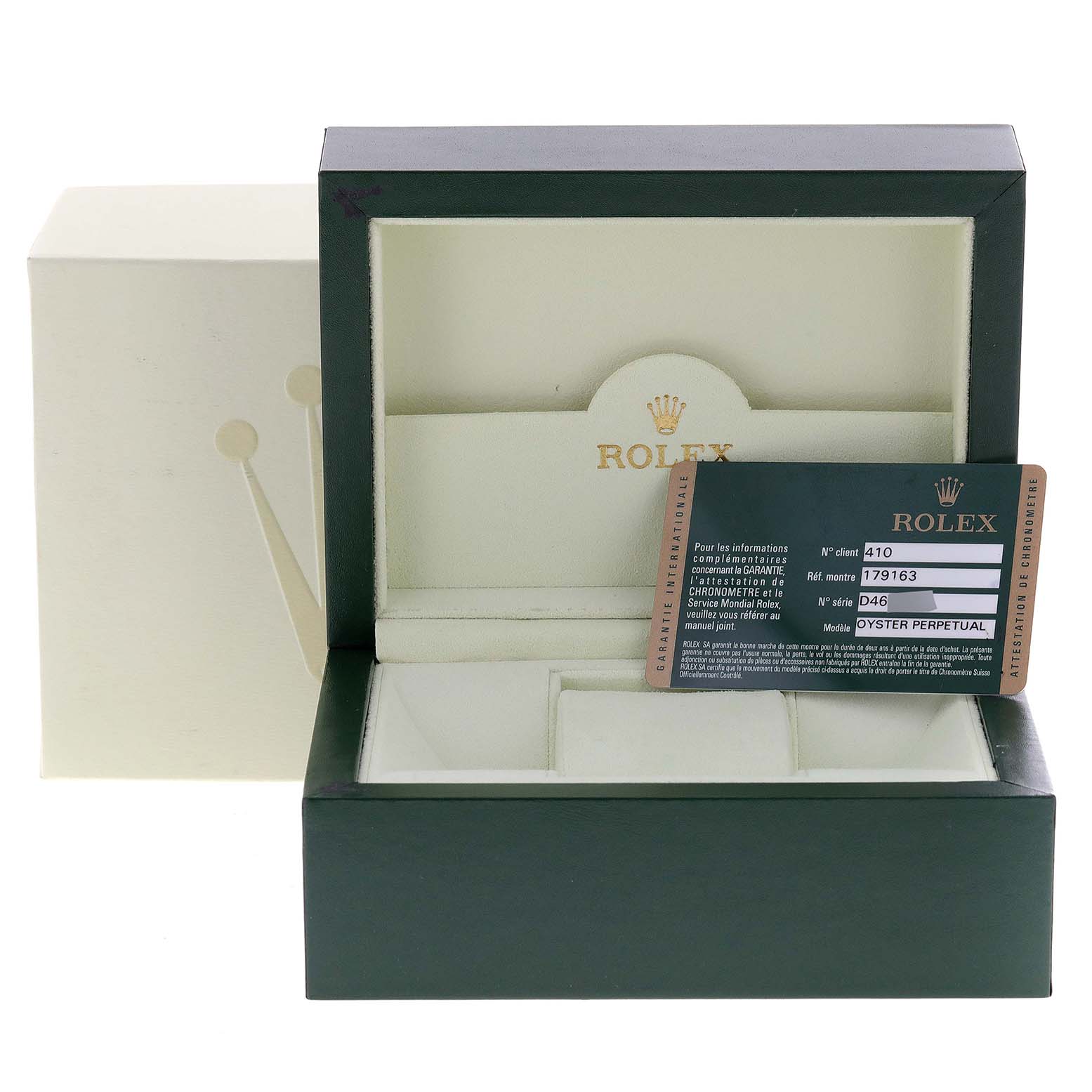 The image shows an open Rolex Datejust 179163 Women
s Steel and Gold (two tone) Grey Dial 179163 Women
s Steel and Gold (two tone) Grey Dial watch box and warranty card, viewed from the front.