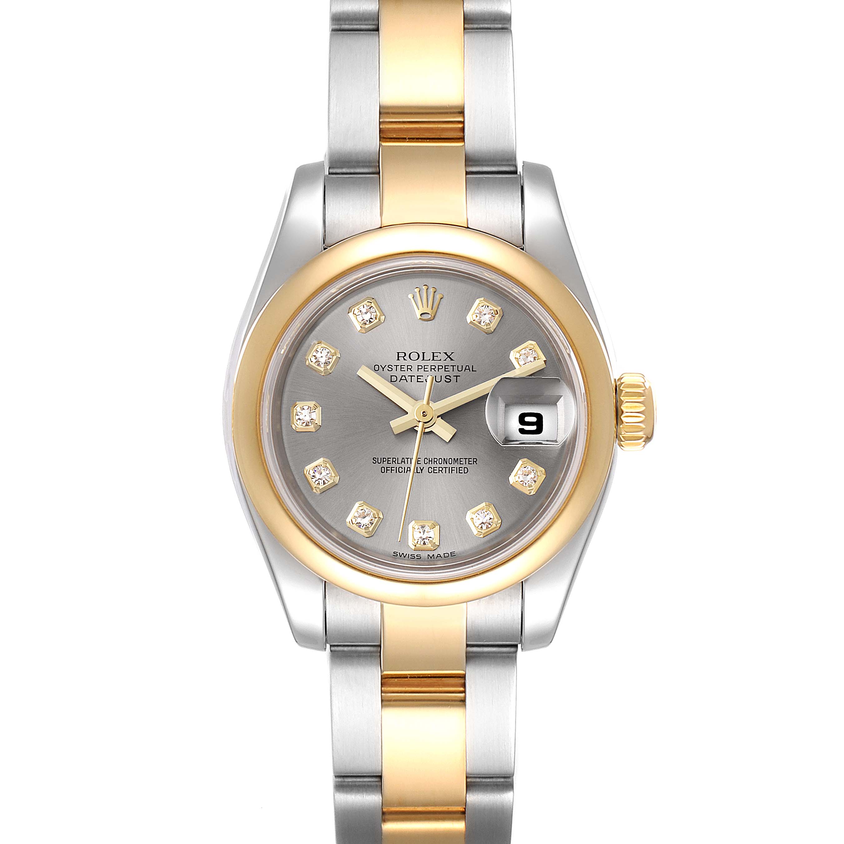 The image shows a front view of a Rolex Datejust 179163 Women
s Steel and Gold (two tone) Grey Dial 179163 Women
s Steel and Gold (two tone) Grey Dial watch displaying its dial, bezel, bracelet, and crown.