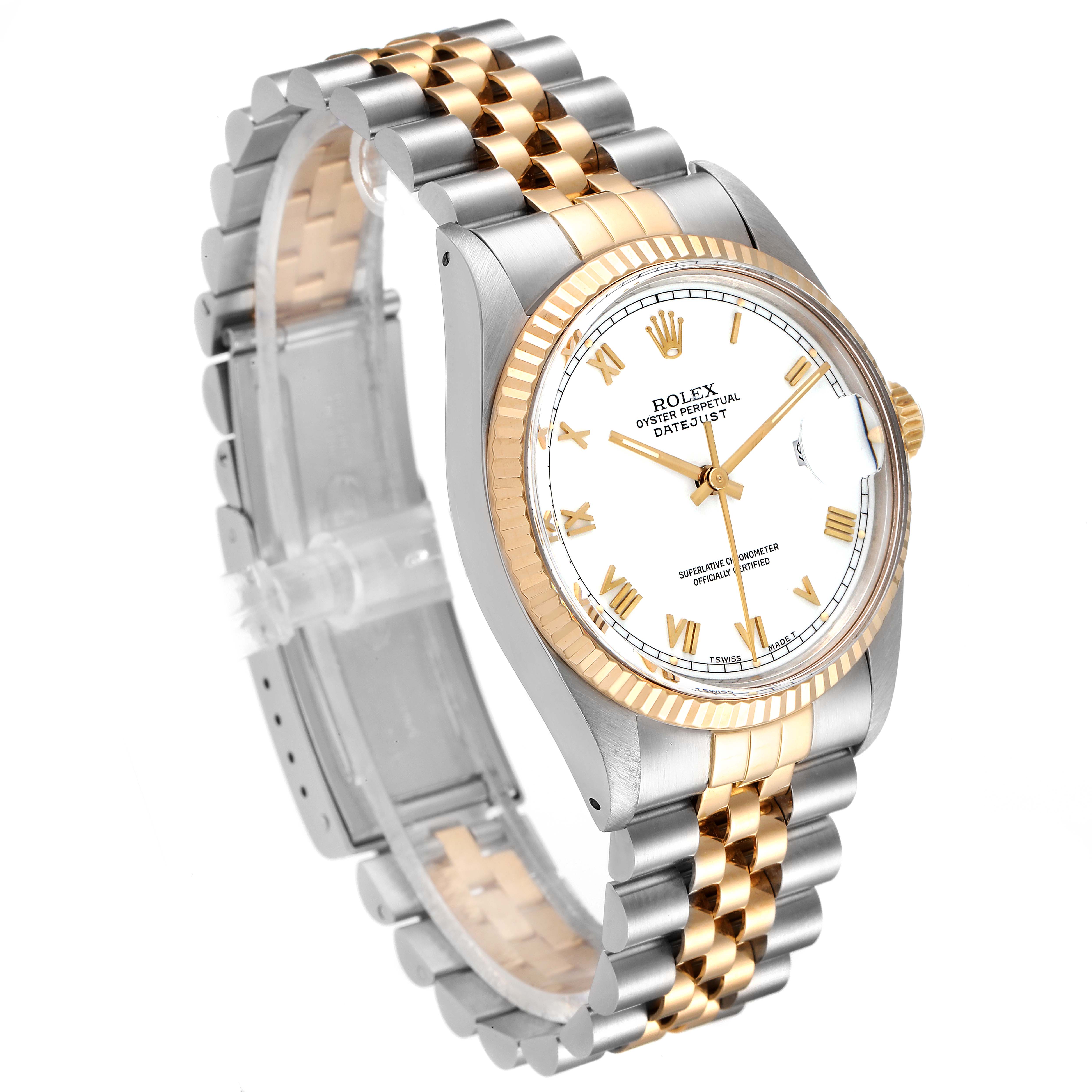 The image shows a Rolex Vintage Collection 16013 Men's Steel and Gold (two tone) White Dial 16013 Men's Steel and Gold (two tone) White Dial model watch at a three-quarter angle, highlighting its two-tone bracelet and white dial.