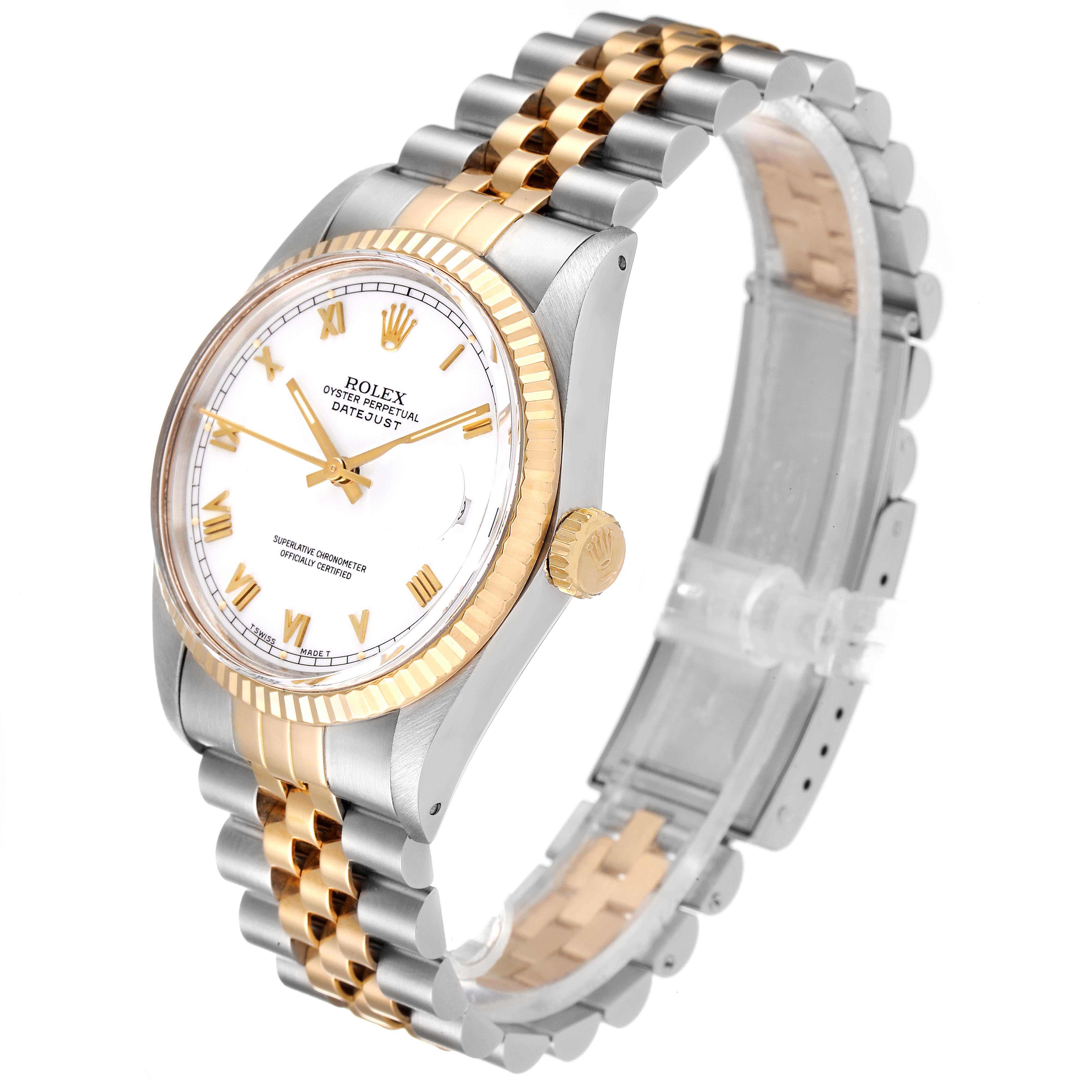 This image shows a three-quarter view of the Rolex Vintage Collection 16013 Men's Steel and Gold (two tone) White Dial 16013 Men's Steel and Gold (two tone) White Dial model, highlighting the watch face, bezel, and bracelet.
