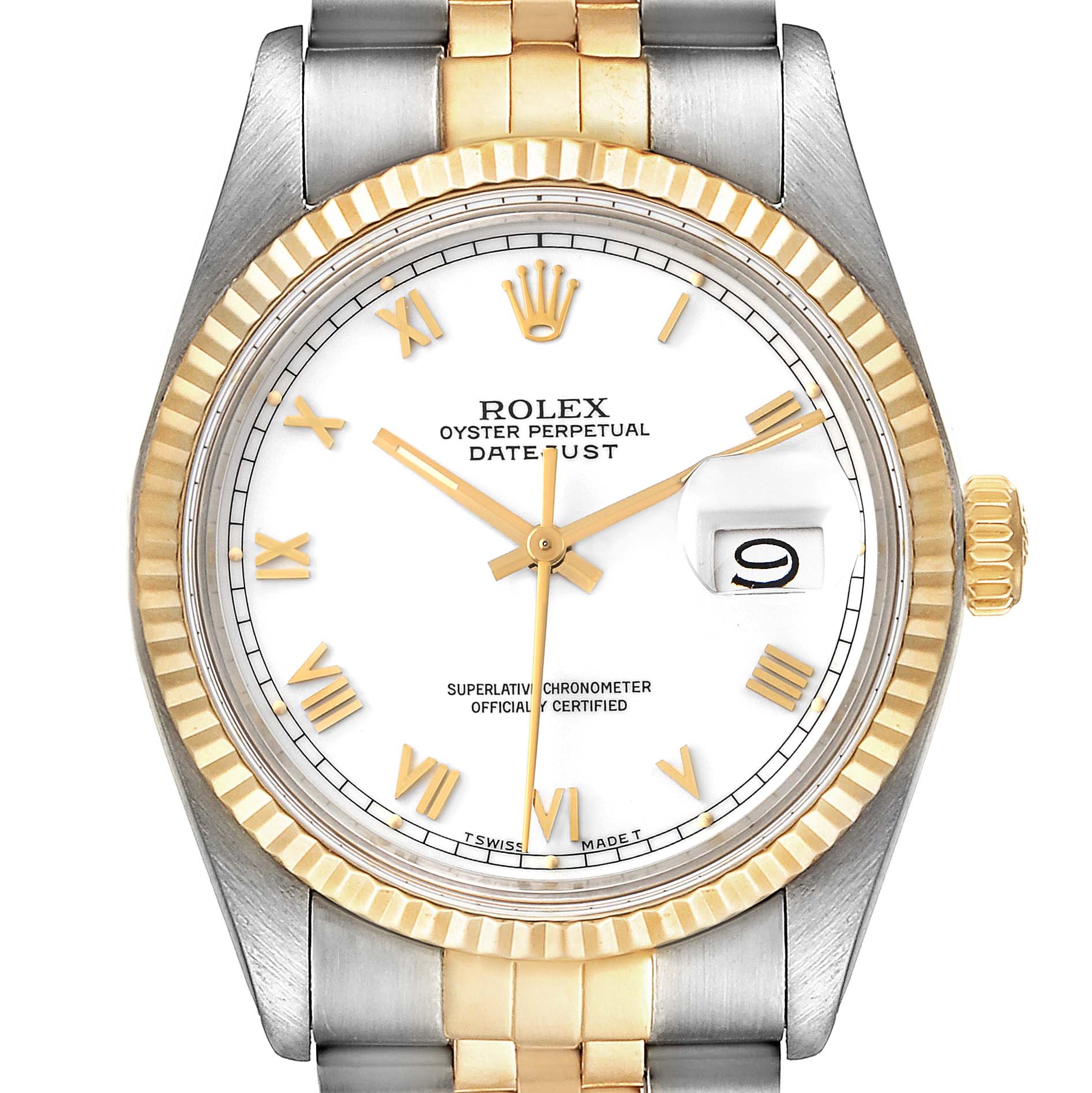 The image shows a full front view of a Rolex Vintage Collection 16013 Men's Steel and Gold (two tone) White Dial 16013 Men's Steel and Gold (two tone) White Dial Datejust watch, featuring its dial, bezel, and part of the bracelet.