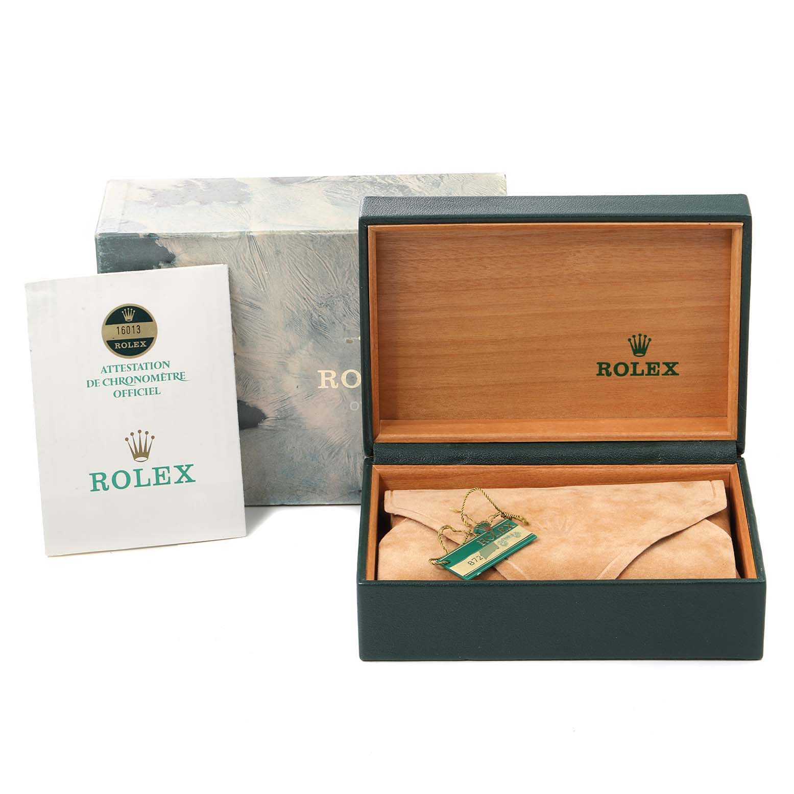 The image shows the packaging including the box, tag, and documentation for the Rolex Vintage Collection 16013 Men's Steel and Gold (two tone) White Dial 16013 Men's Steel and Gold (two tone) White Dial model.