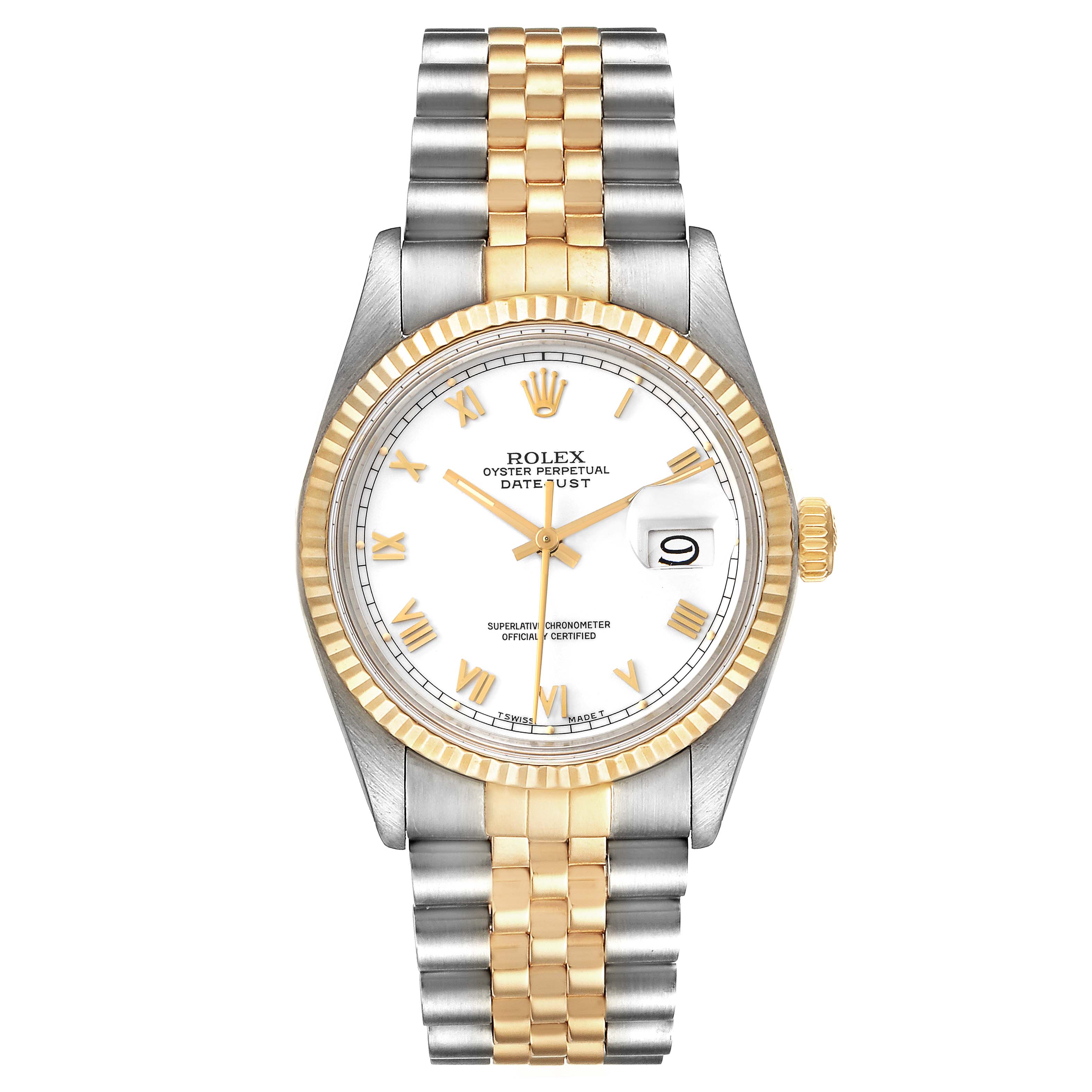 The image shows a front view of the Rolex Vintage Collection 16013 Men's Steel and Gold (two tone) White Dial 16013 Men's Steel and Gold (two tone) White Dial Oyster Perpetual Datejust, highlighting the dial, bezel, and two-tone bracelet.