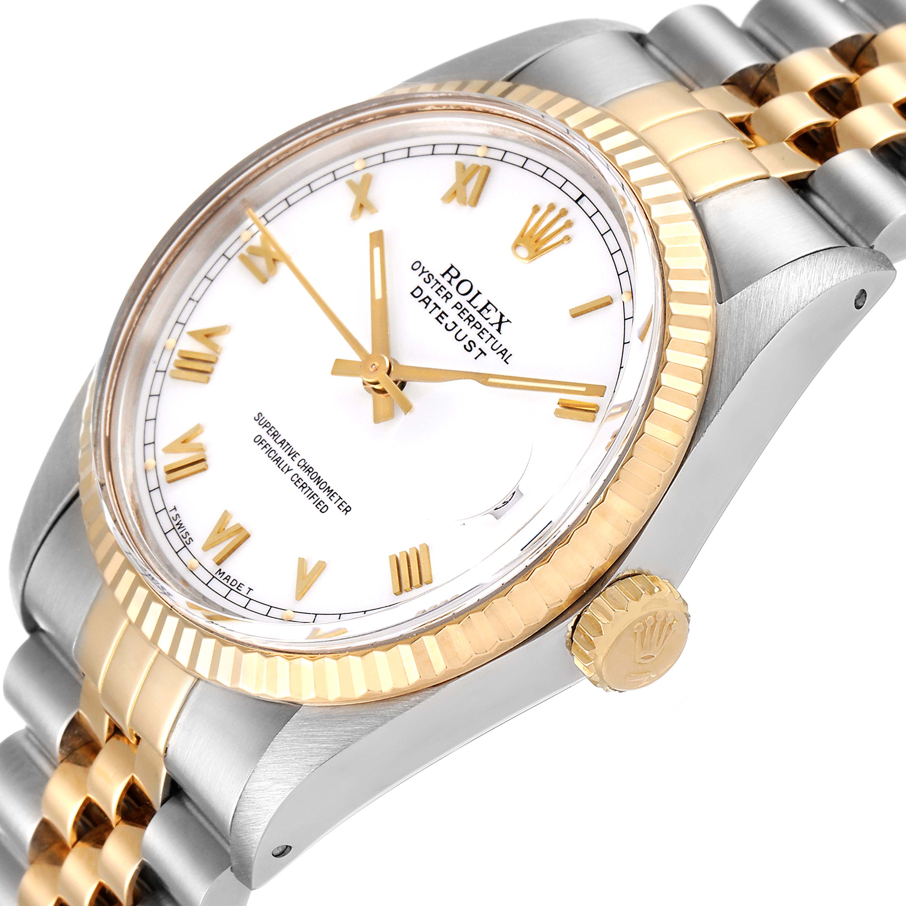 The image shows a side angle of the Vintage Collection Rolex Datejust, highlighting the dial, bezel, crown, and part of the bracelet.