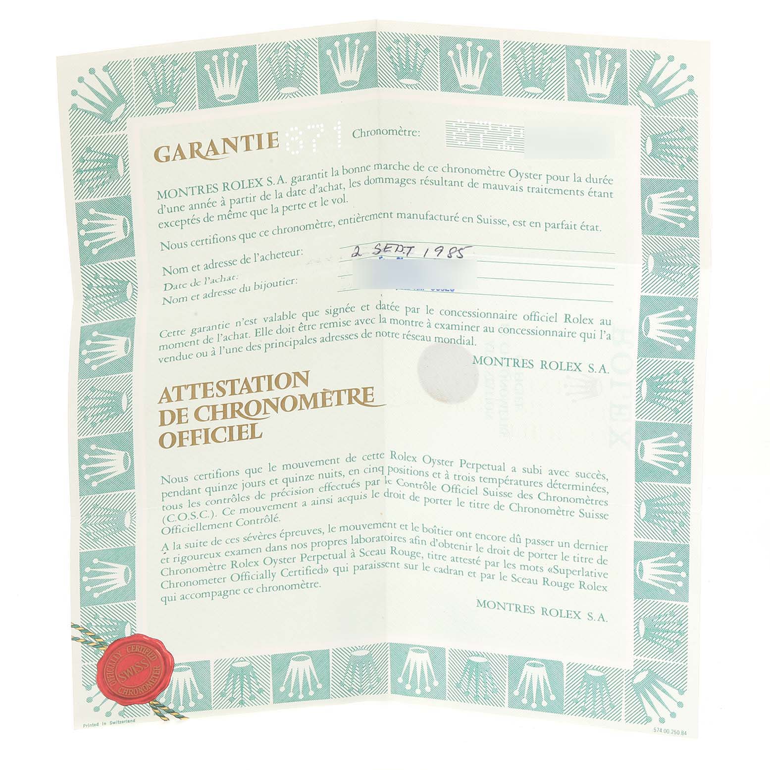 This image shows a warranty certificate for a Rolex Vintage Collection 16013 Men's Steel and Gold (two tone) White Dial 16013 Men's Steel and Gold (two tone) White Dial model, detailing the chronometer certification and purchase information.