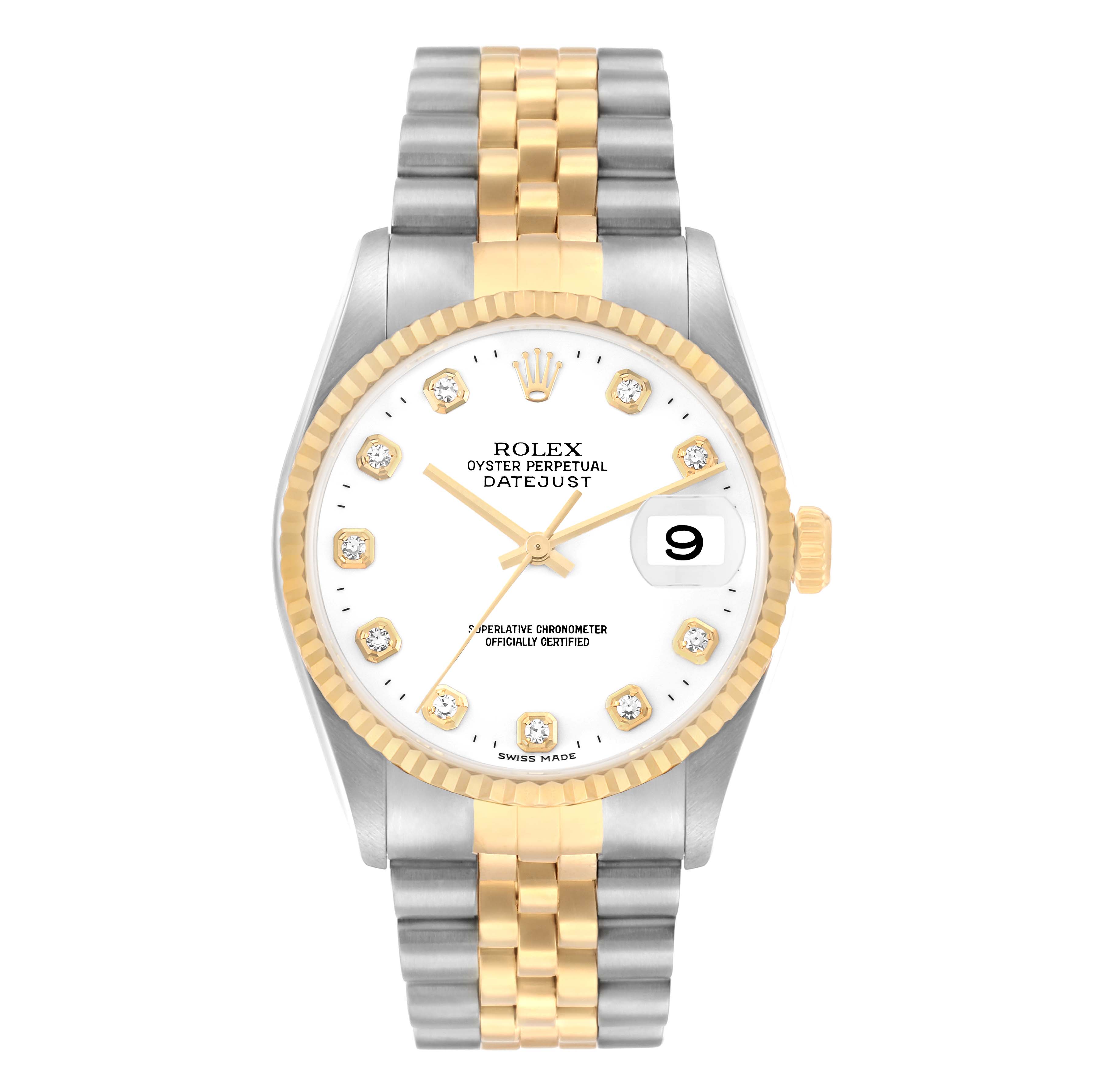 The Rolex Datejust 16233 Men
s Steel and Gold (two tone) White Dial watch is shown from a front angle, highlighting the dial, bezel, and jubilee bracelet.