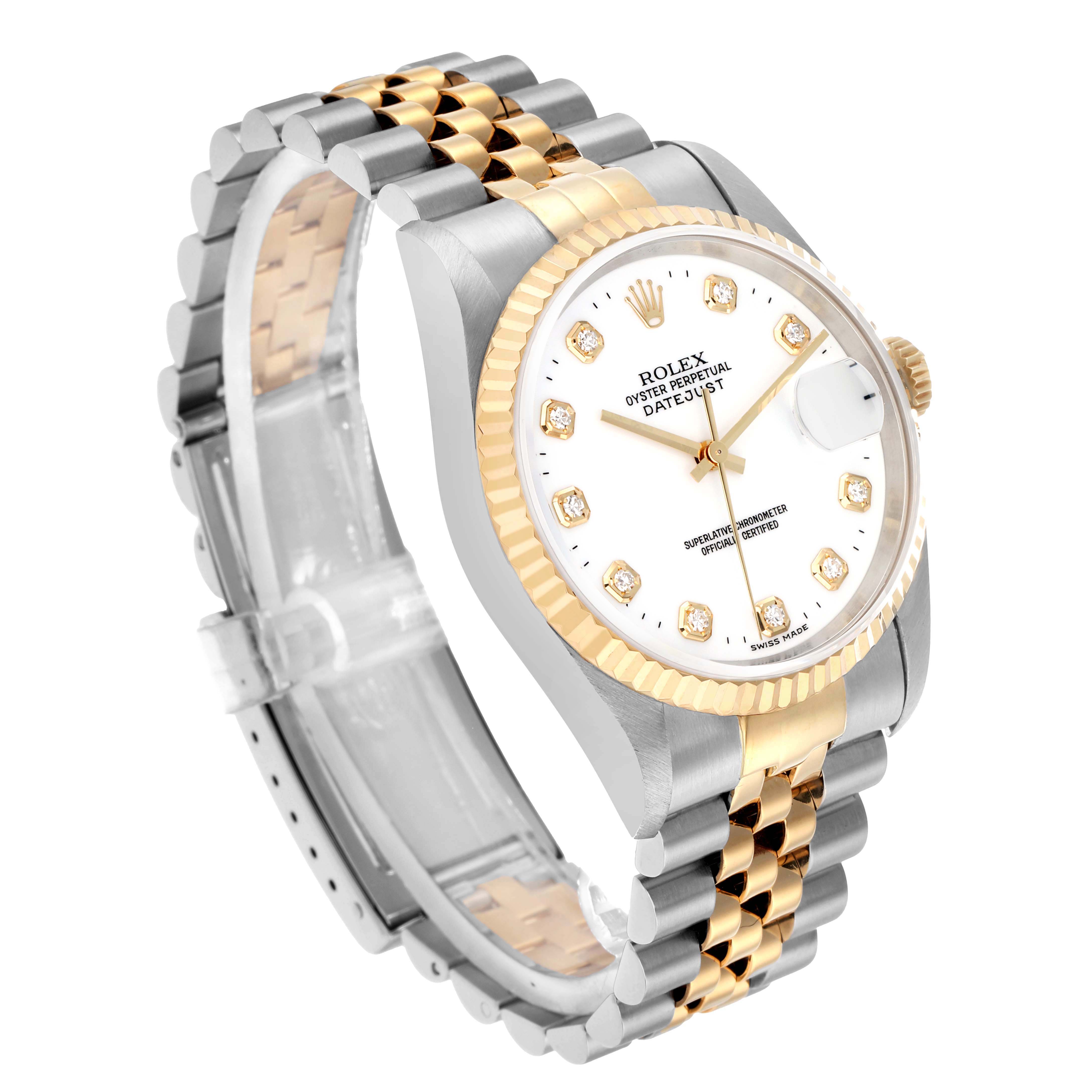 The Rolex Datejust 16233 Men
s Steel and Gold (two tone) White Dial watch is shown at an oblique angle, highlighting the bezel, dial, and two-tone bracelet.