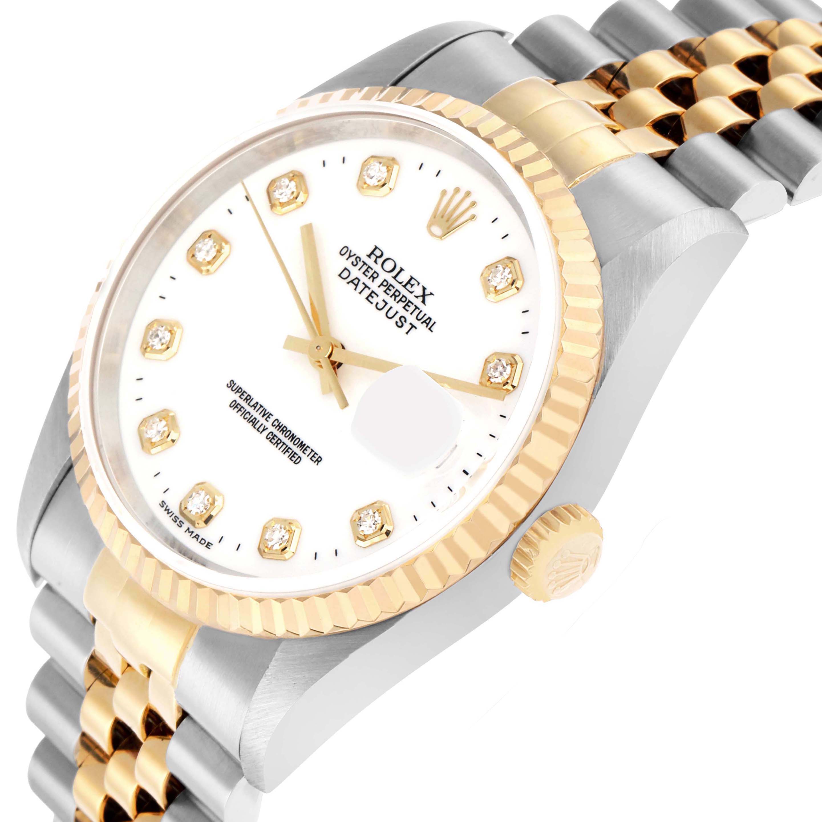 The Rolex Datejust 16233 Men
s Steel and Gold (two tone) White Dial watch is shown at a tilted angle, highlighting the face, bezel, crown, and bracelet.