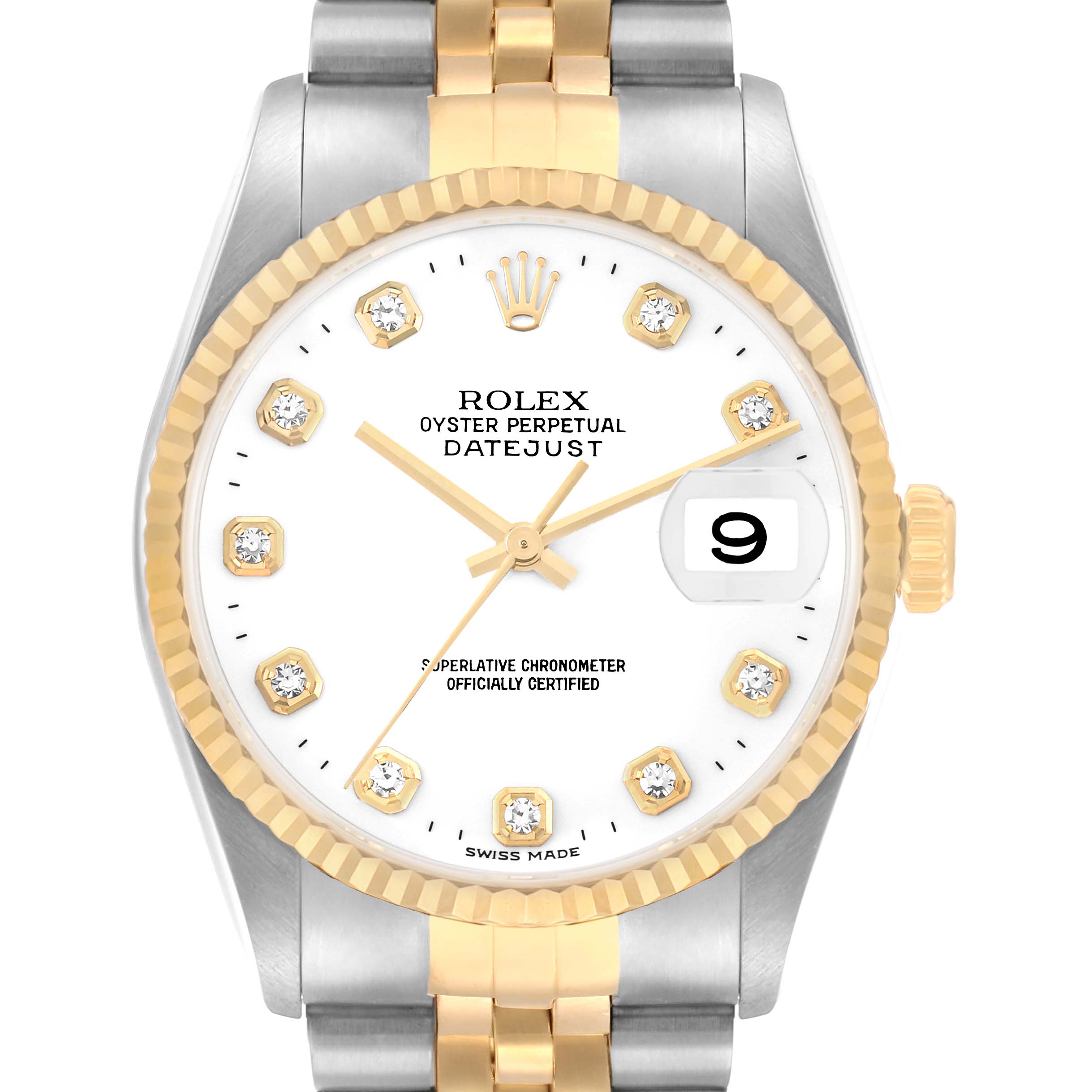 The image shows a front view of a Rolex Datejust 16233 Men
s Steel and Gold (two tone) White Dial watch, highlighting its dial, bezel, and part of the bracelet.