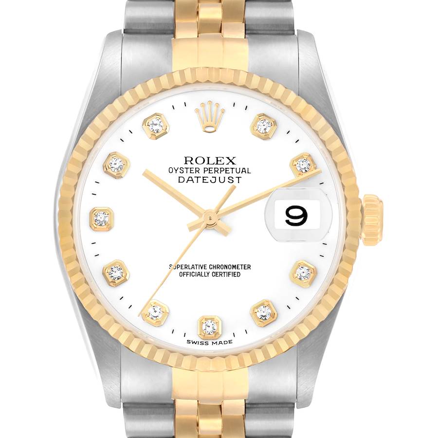 The image shows a front view of a Rolex Datejust 16233 Men
s Steel and Gold (two tone) White Dial watch, highlighting its dial, bezel, and part of the bracelet.