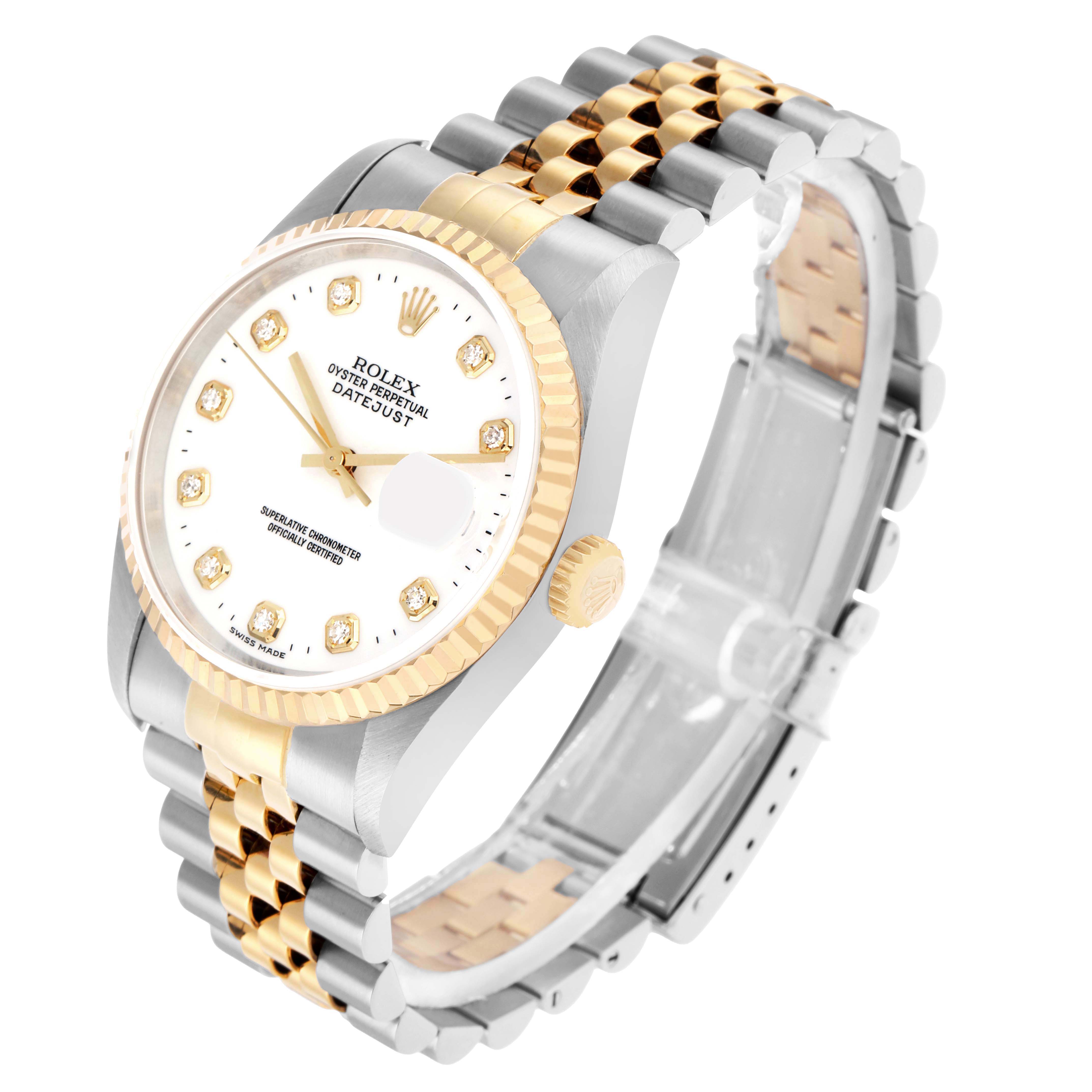The Rolex Datejust 16233 Men
s Steel and Gold (two tone) White Dial watch is shown at a three-quarter angle, highlighting the face, case, bezel, and bracelet.