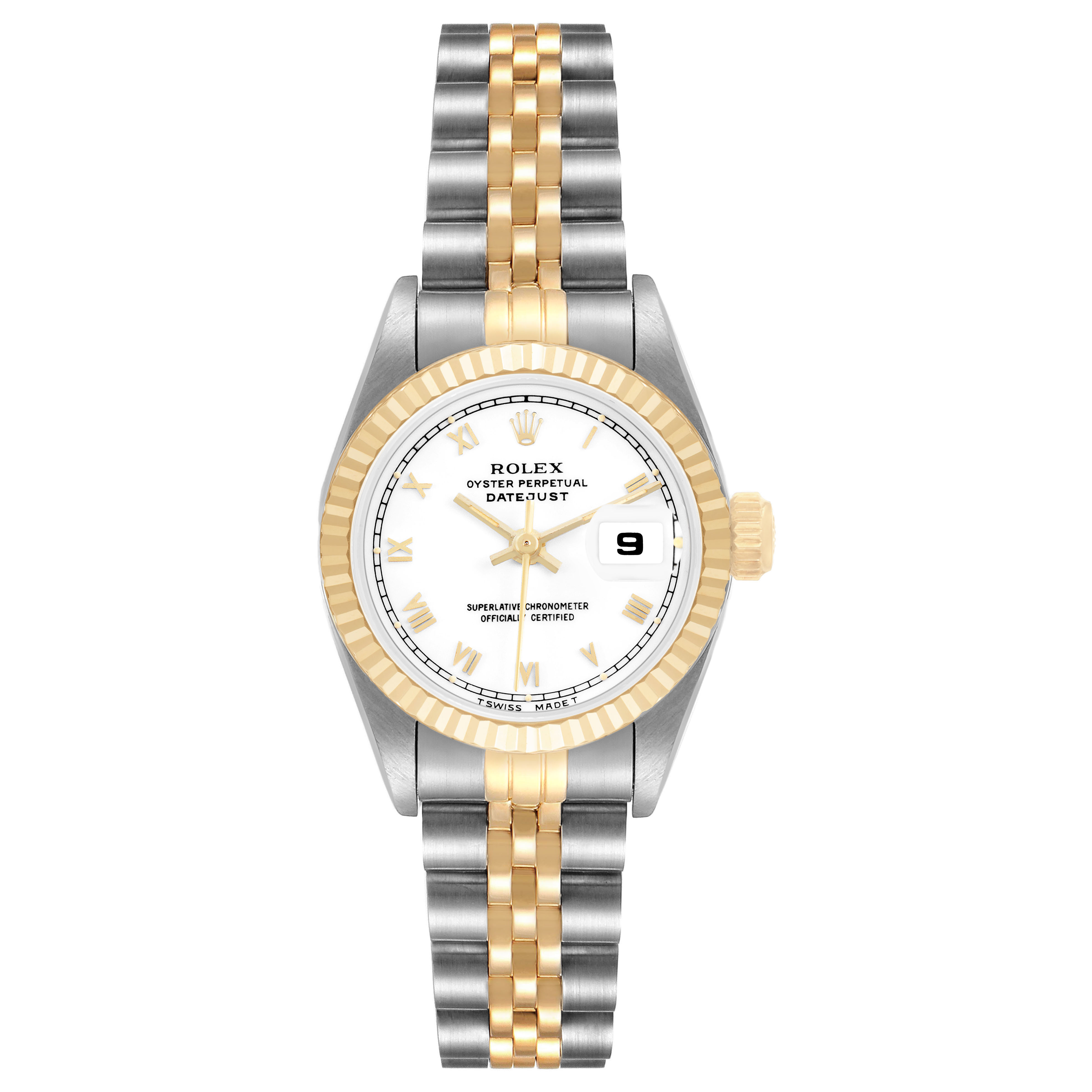 The Rolex Datejust 69173 Women's Steel and Gold (two tone) White Dial watch is shown from the front, highlighting the dial, bracelet, bezel, crown, and date window.
