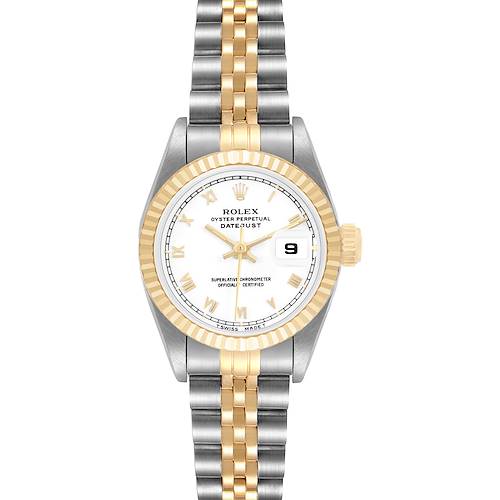 The image shows a Rolex Datejust 69173 Women's Steel and Gold (two tone) White Dial watch from the front, featuring a two-tone bracelet, fluted bezel, white dial, and date window.