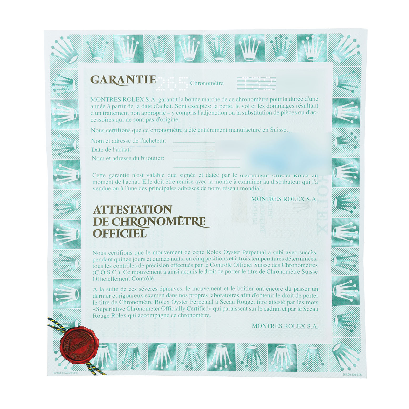 This image shows a Rolex warranty certificate with detailed information for a Datejust model.