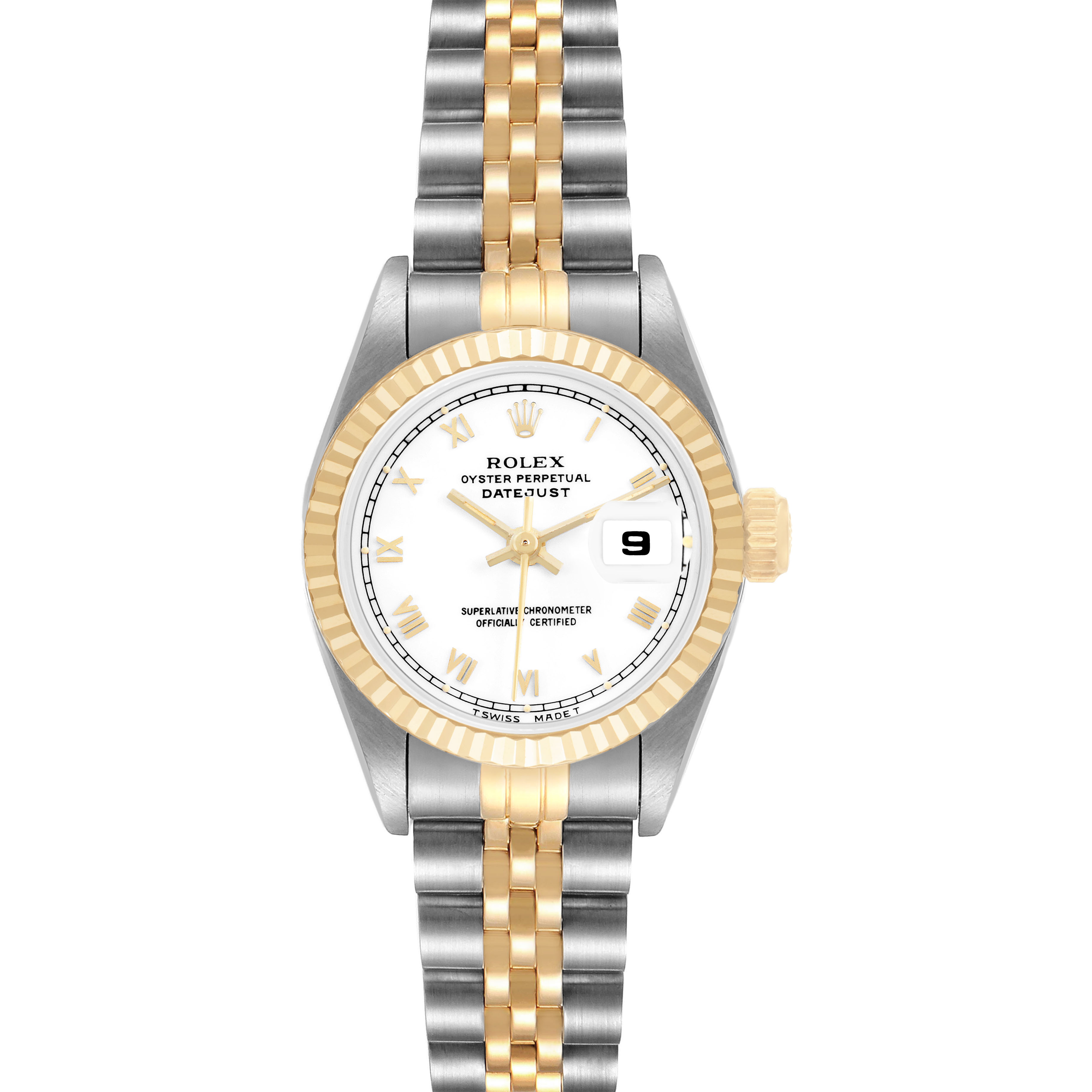 The Rolex Datejust 69173 Women's Steel and Gold (two tone) White Dial is shown from a top-down angle, highlighting the dial, bezel, and two-tone bracelet.