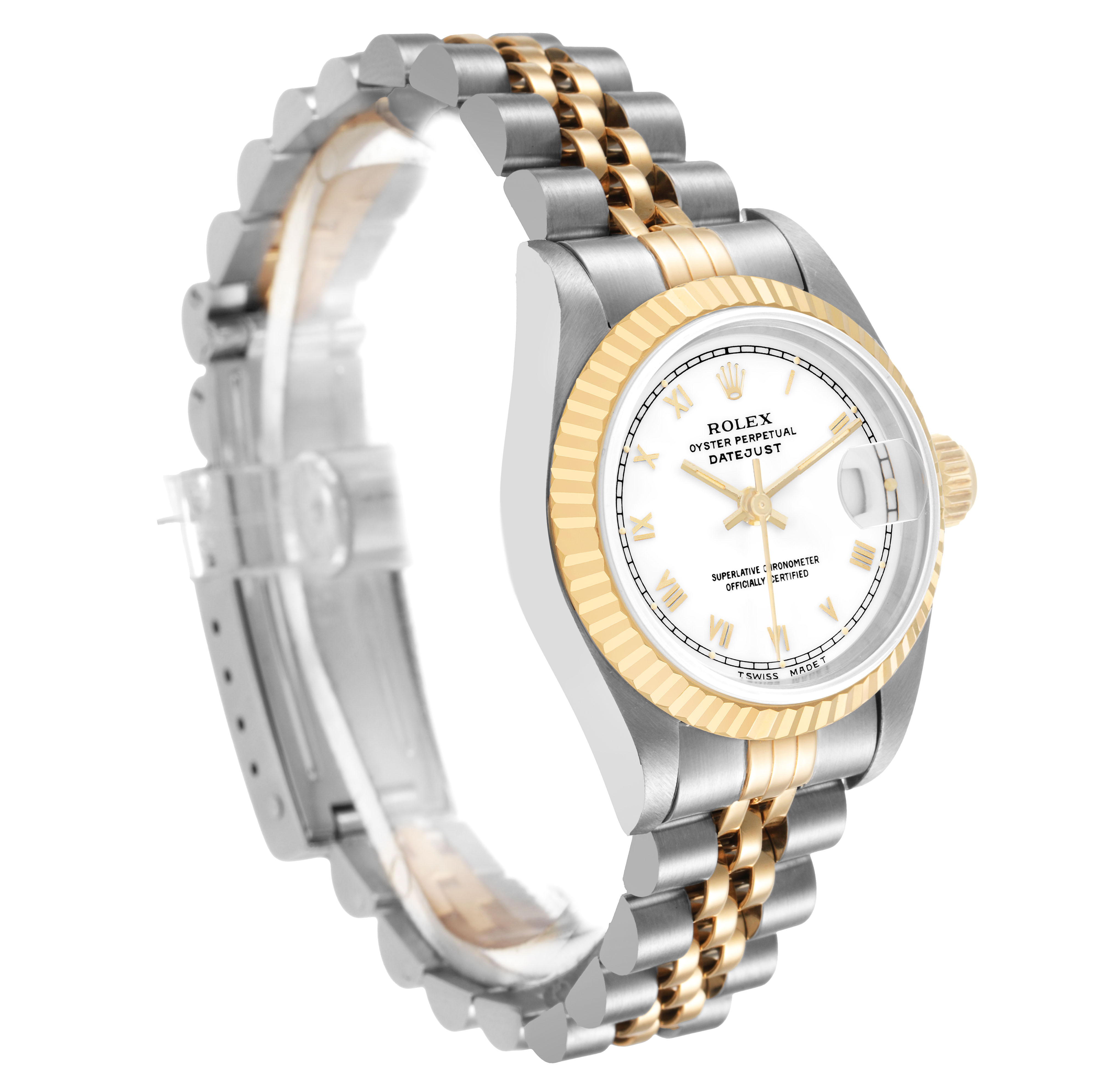 The Rolex Datejust 69173 Women's Steel and Gold (two tone) White Dial watch is shown at a three-quarter angle, displaying the bracelet, bezel, crown, and dial.