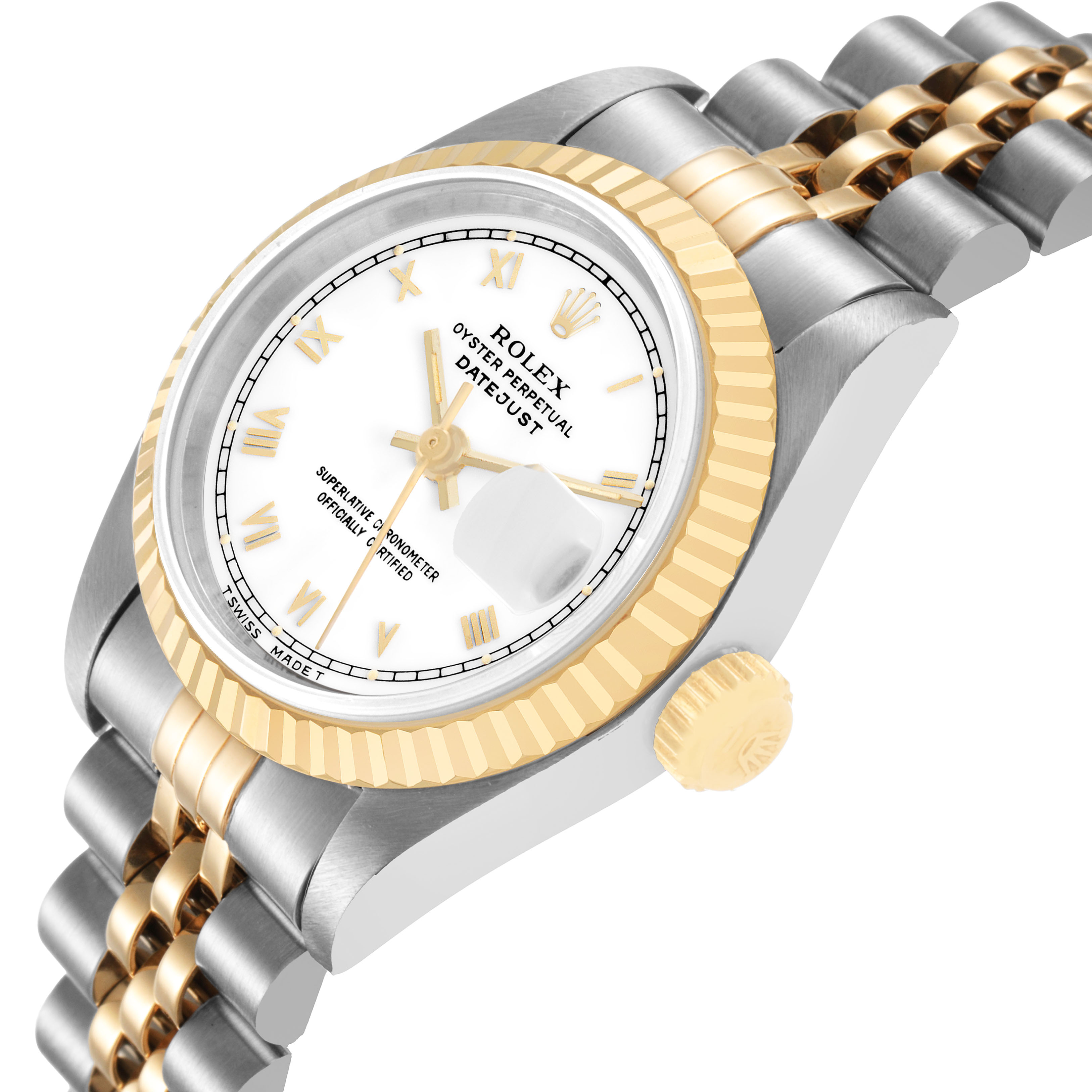 The Rolex Datejust 69173 Women's Steel and Gold (two tone) White Dial watch is shown at an angled side view, highlighting the bezel, crown, and partially visible bracelet.