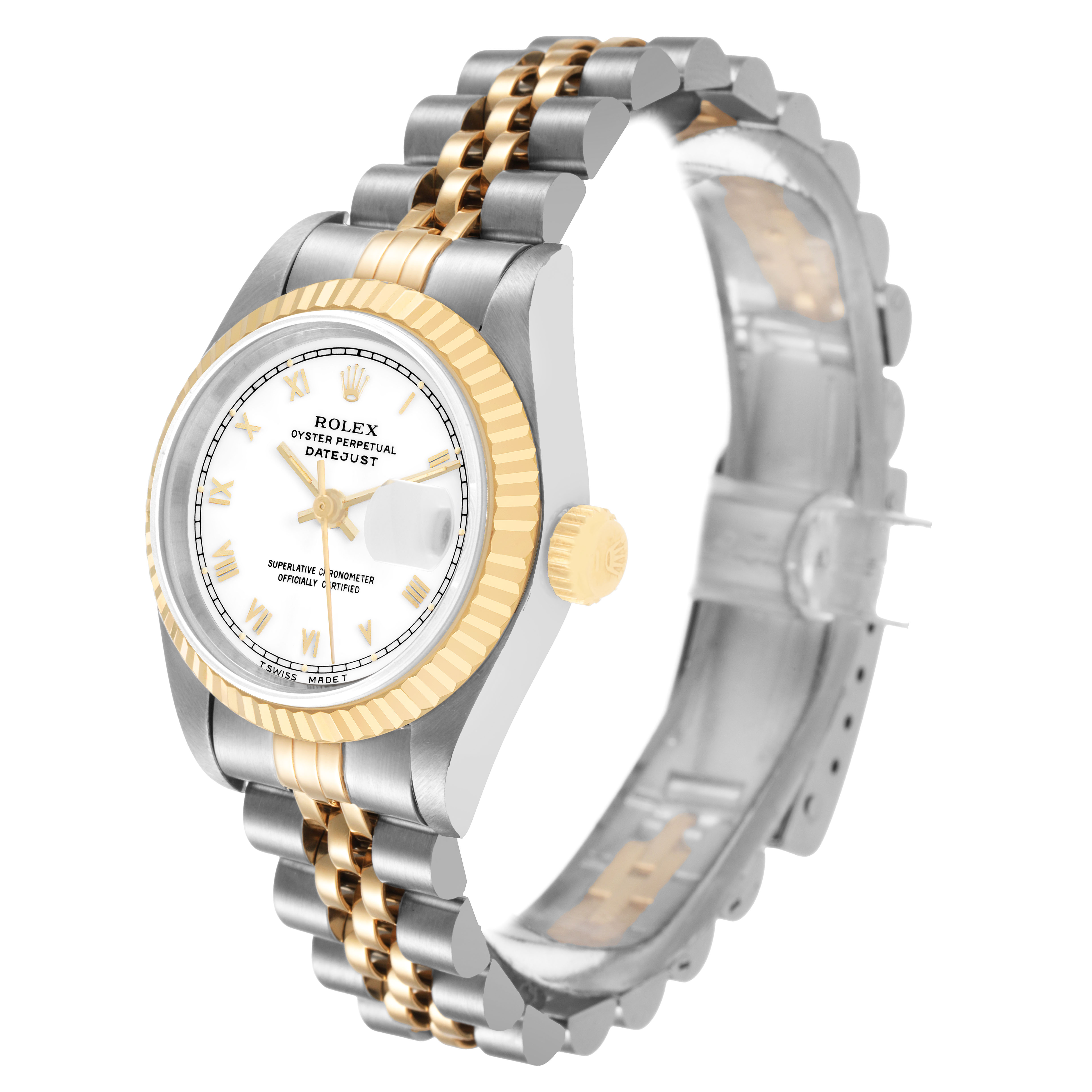 The Rolex Datejust 69173 Women's Steel and Gold (two tone) White Dial watch is shown at a three-quarter angle, highlighting the bracelet, dial, fluted bezel, and crown.