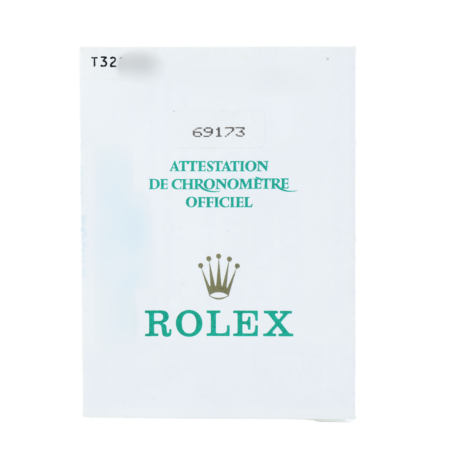 The image shows a certification card for a Rolex Datejust 69173 Women's Steel and Gold (two tone) White Dial watch, with the brand logo and text.