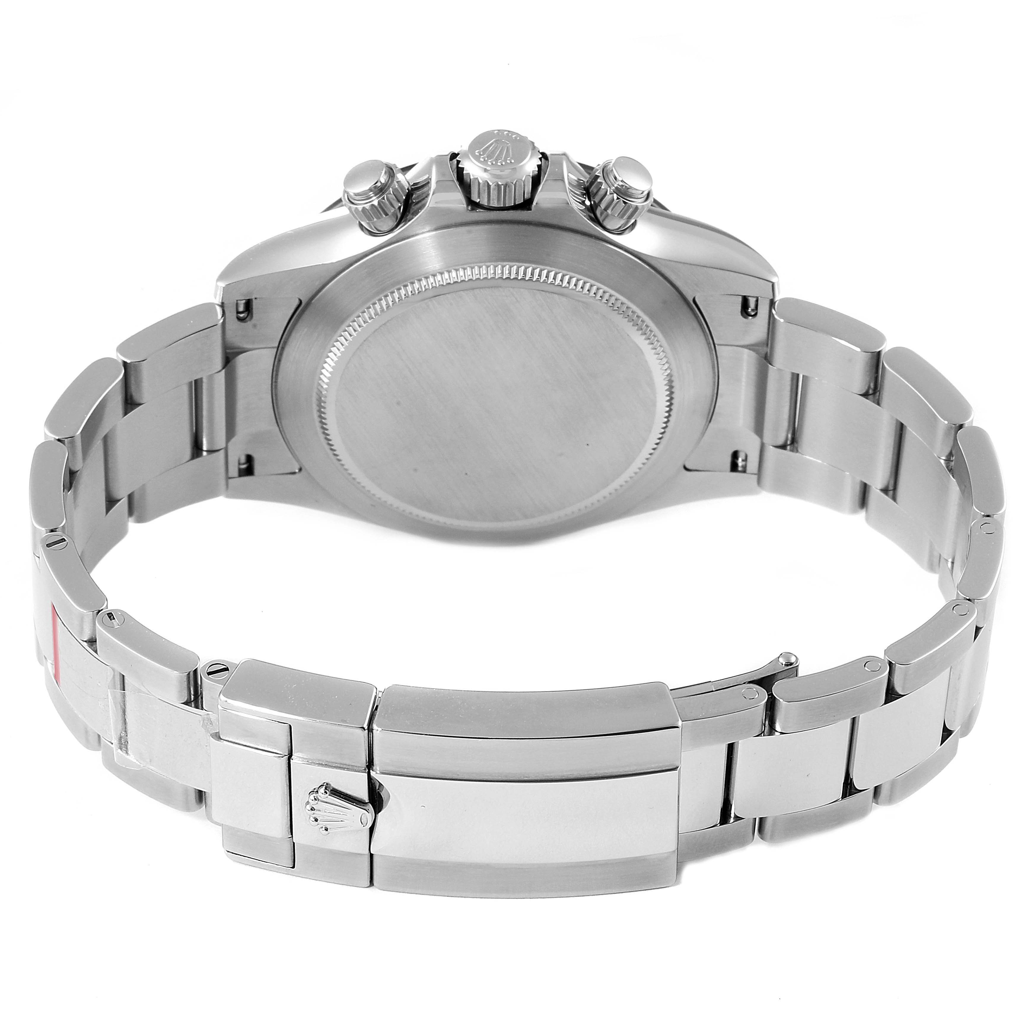 The image shows the back view of a Rolex Daytona 116500 Men
s Stainless Steel White Dial 116500 Men
s Stainless Steel White Dial watch, displaying the case back, bracelet, and clasp.