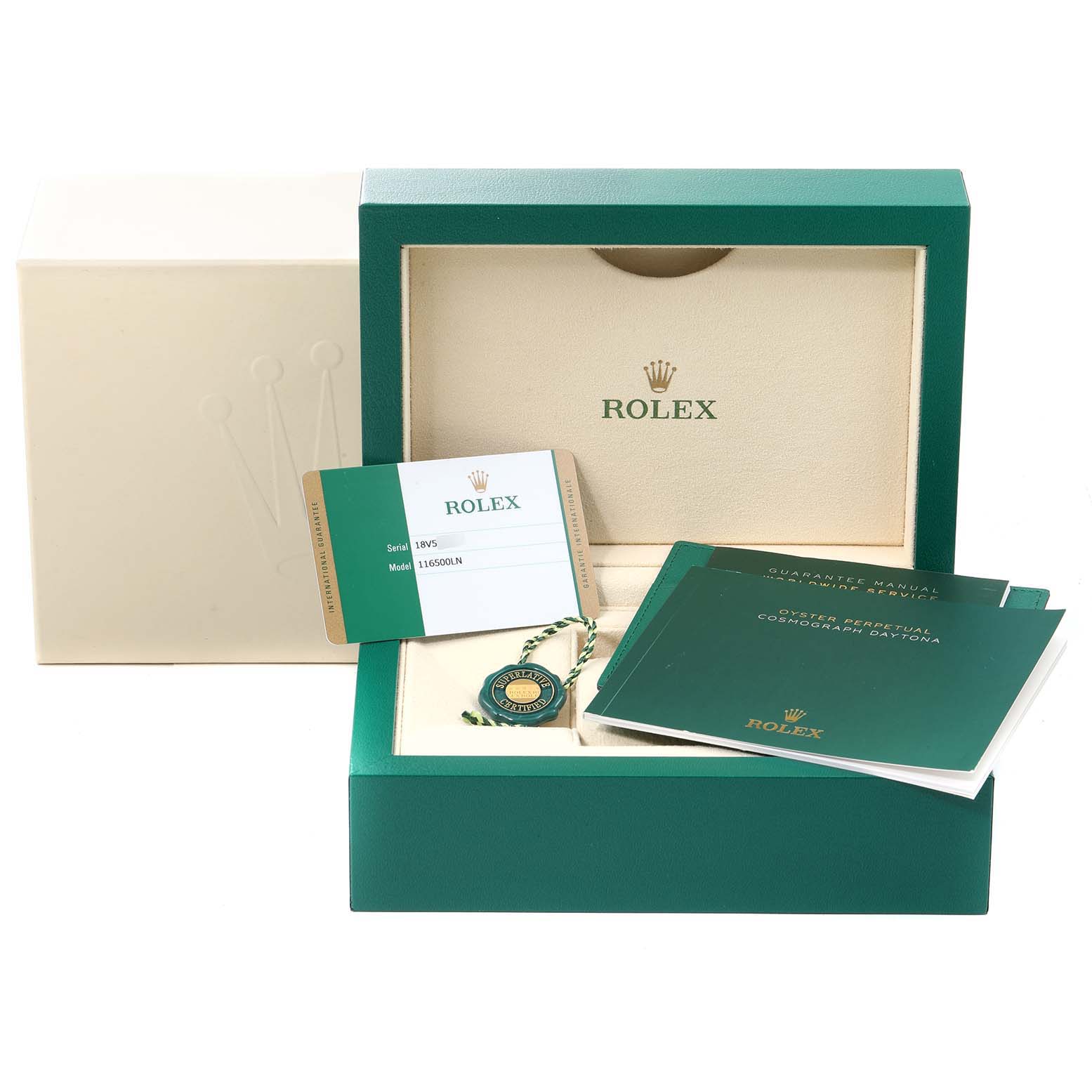 The image shows the packaging and accessories for a Rolex Daytona 116500 Men's Stainless Steel White Dial 116500 Men's Stainless Steel White Dial watch, including the box, manuals, warranty card, and a hangtag.