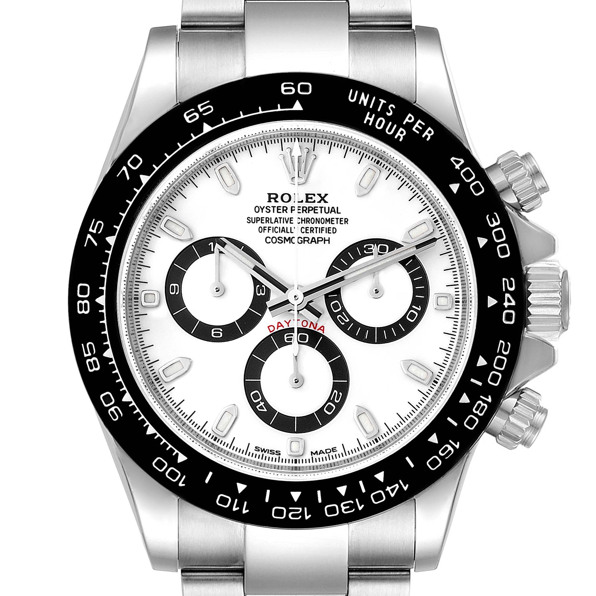 The image shows a front view of a Rolex Daytona 116500 Men's Stainless Steel White Dial 116500 Men's Stainless Steel White Dial watch, displaying its bezel, dial, subdials, and crown.