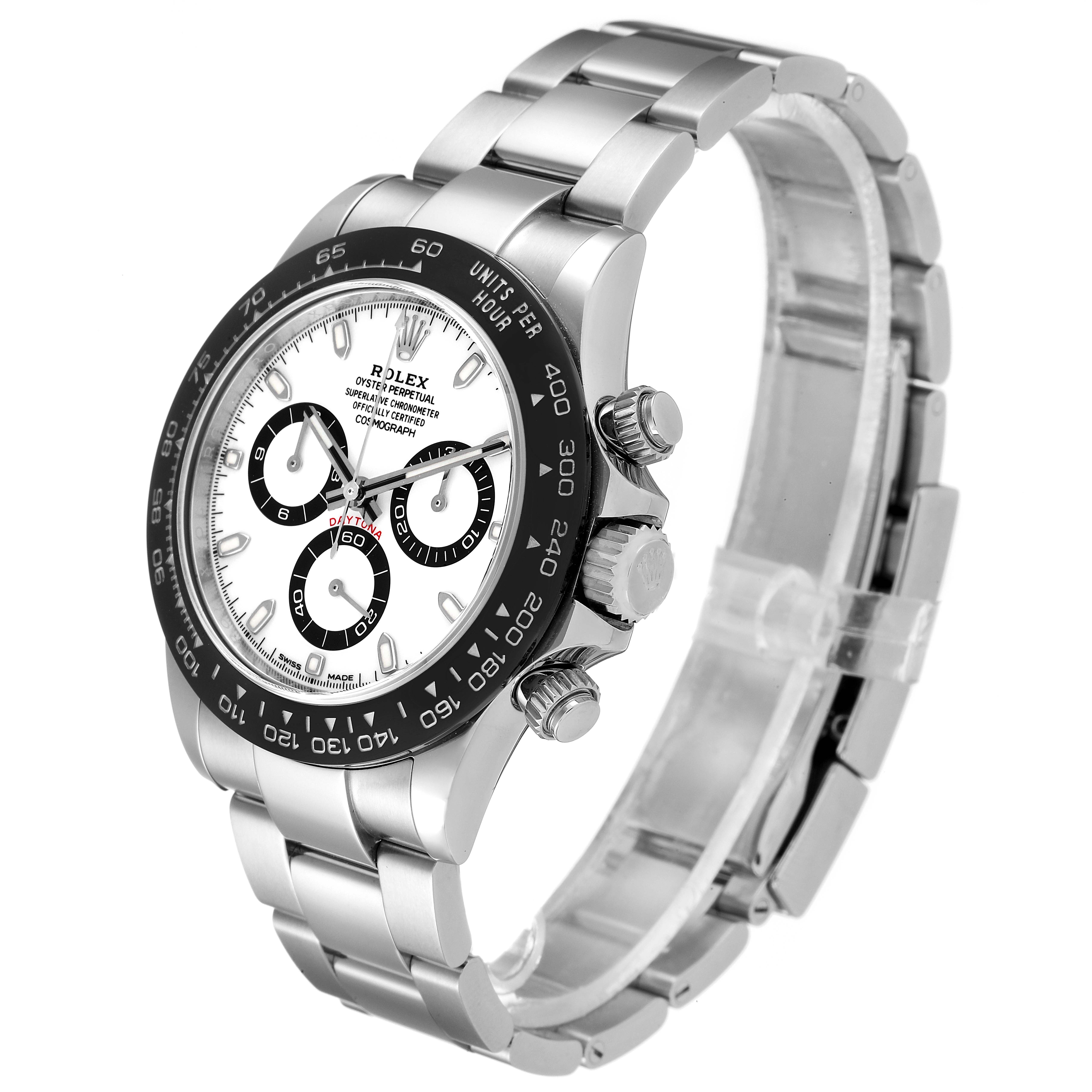 The image shows a side angle of a Rolex Daytona 116500 Men's Stainless Steel White Dial 116500 Men's Stainless Steel White Dial watch, highlighting the dial, bezel, pushers, and bracelet.