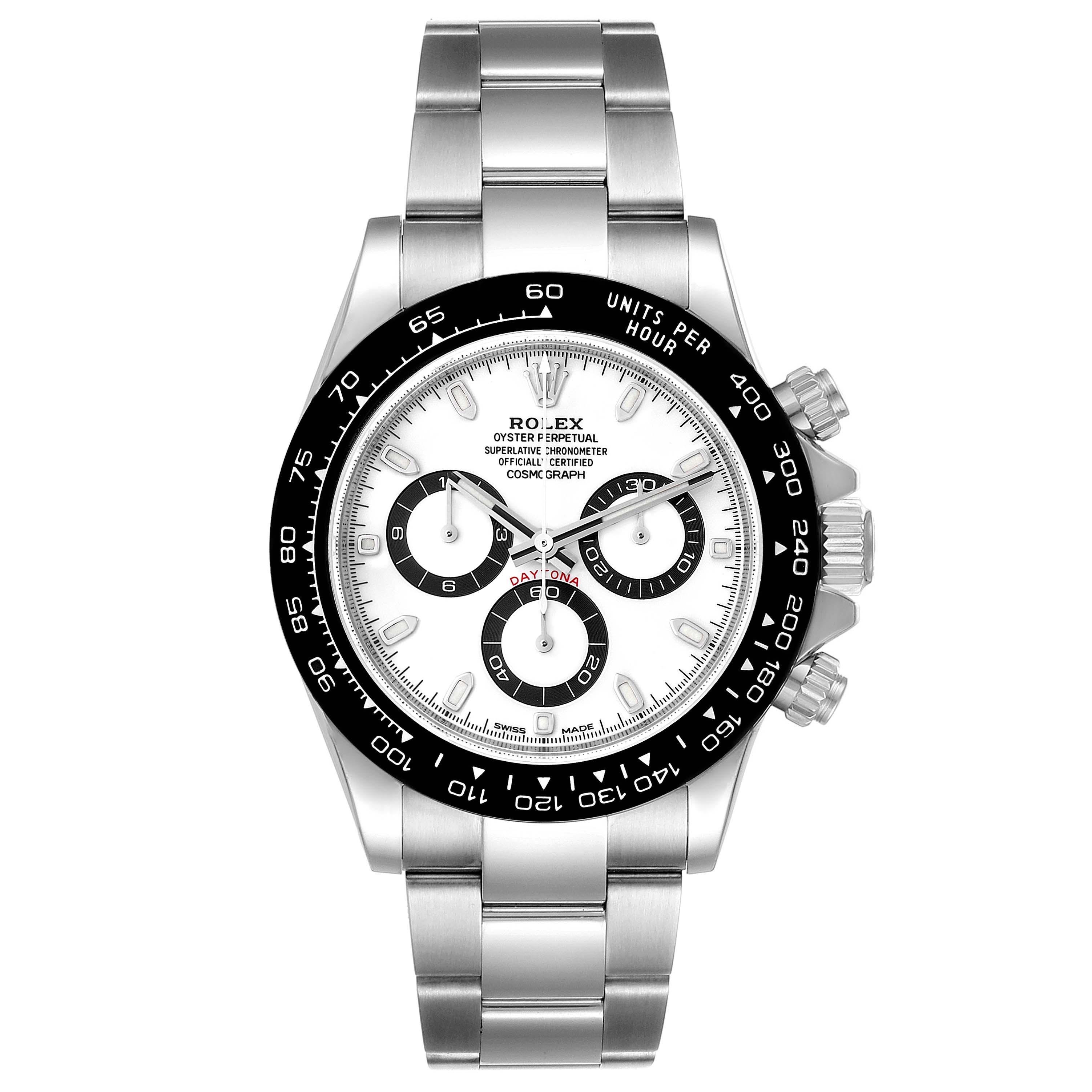 The image shows a Rolex Daytona 116500 Men's Stainless Steel White Dial 116500 Men's Stainless Steel White Dial watch from a top-down angle, highlighting its dial, bezel, and bracelet.