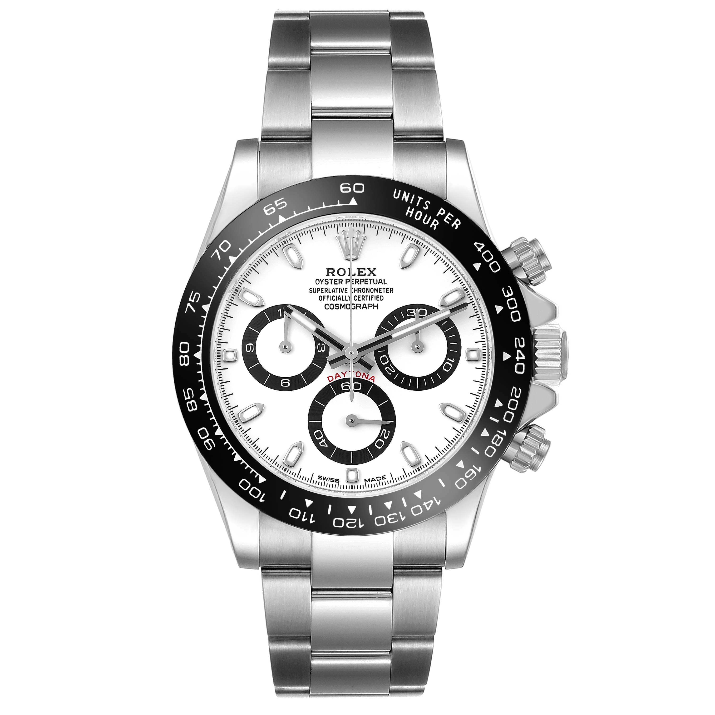 The Rolex Daytona 116500LN Men's Stainless Steel White Dial 116500LN Men's Stainless Steel White Dial watch is shown from a top view, highlighting the bezel, dial, and subdials.