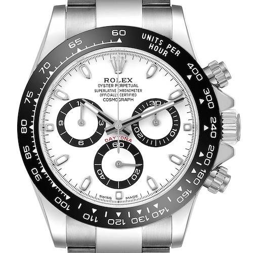 The Rolex Daytona watch is shown from a front angle, highlighting the dial, bezel, and side buttons.