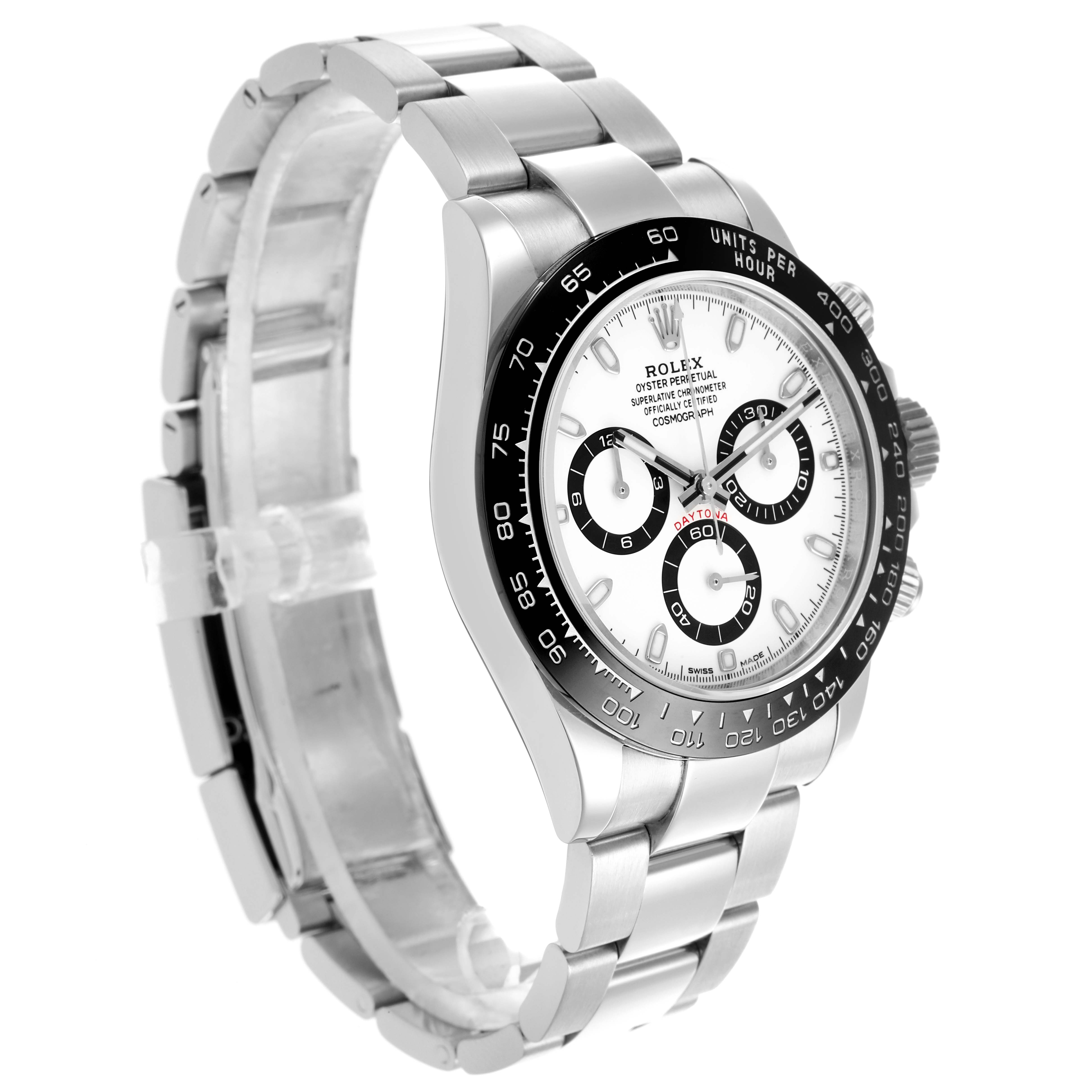 The Rolex Daytona 116500LN Men's Stainless Steel White Dial 116500LN Men's Stainless Steel White Dial watch is shown at a three-quarter angle, displaying the face, bezel, and bracelet.