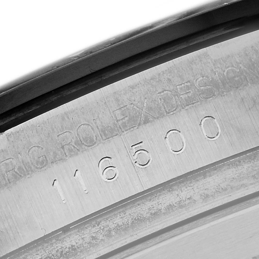 The image shows the engraved inner bezel with model number "116500" of the Rolex Daytona 116500LN Men's Stainless Steel White Dial 116500LN Men's Stainless Steel White Dial watch.
