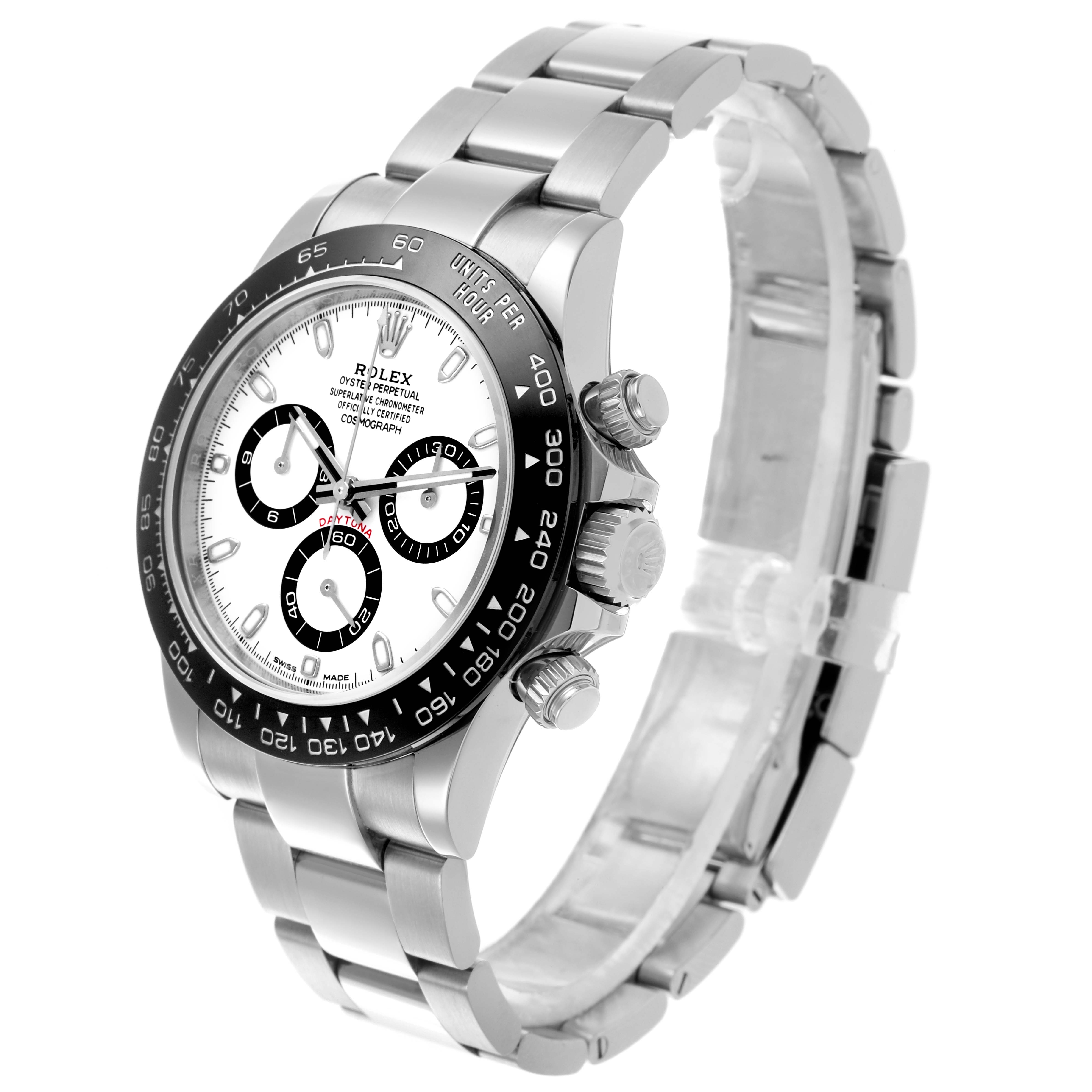 The Rolex Daytona 116500LN Men's Stainless Steel White Dial 116500LN Men's Stainless Steel White Dial watch is shown at a three-quarter angle, revealing the face, bezel, crown, and bracelet.