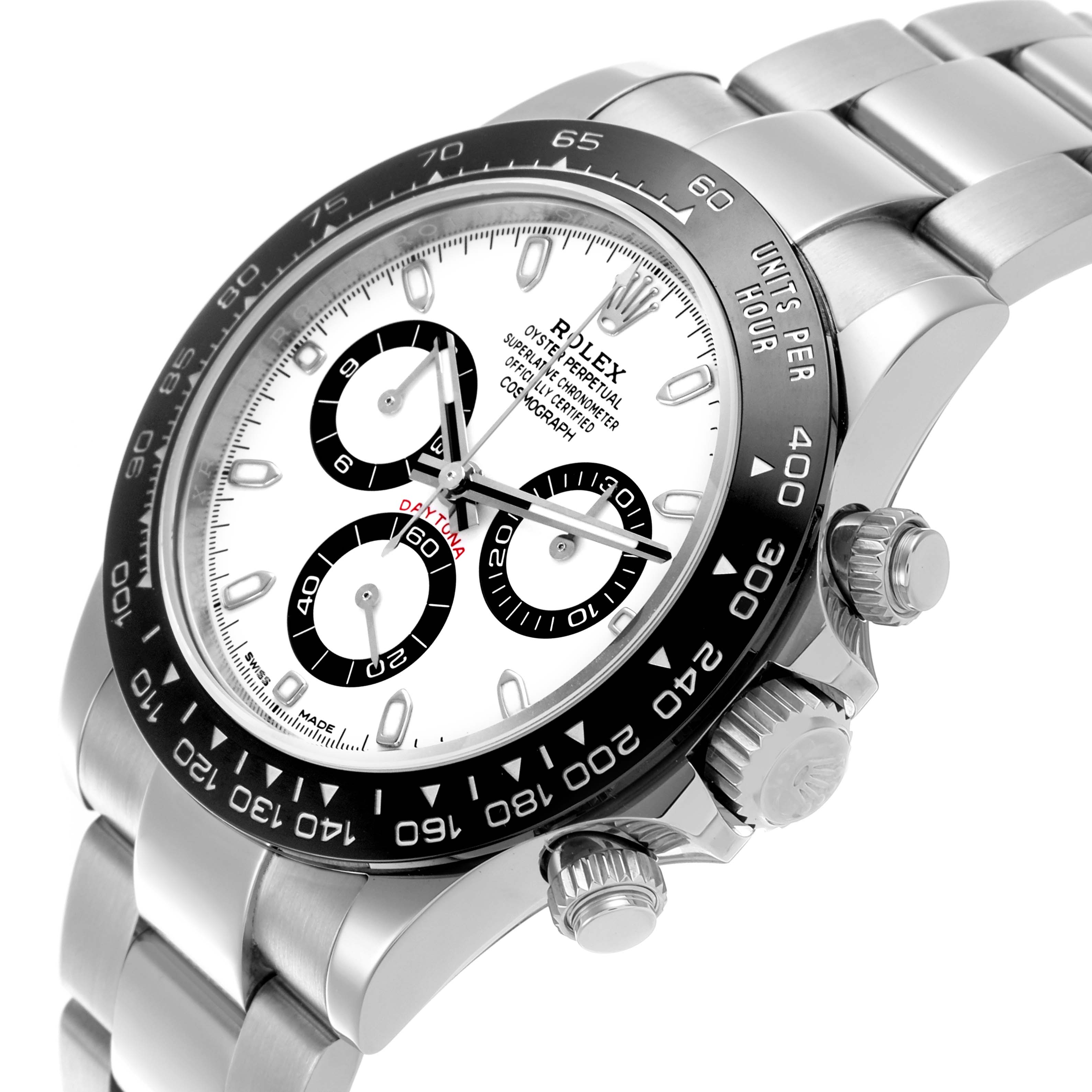 The Rolex Daytona 116500LN Men's Stainless Steel White Dial 116500LN Men's Stainless Steel White Dial watch is shown at a slight angle, highlighting the dial, bezel, and crown.