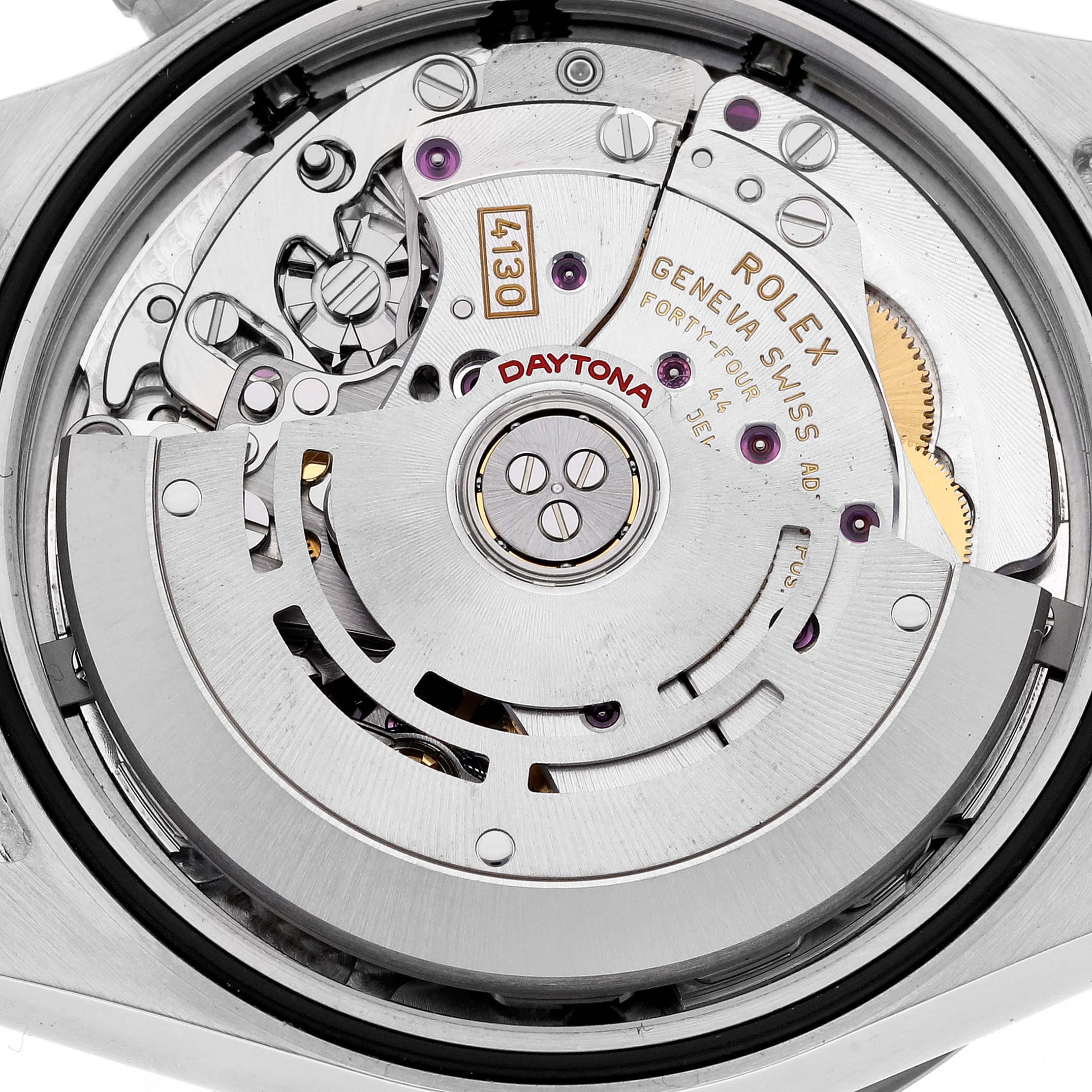 The image shows the intricate movement of a Rolex Daytona 116500LN Men's Stainless Steel White Dial 116500LN Men's Stainless Steel White Dial watch from a back angle.