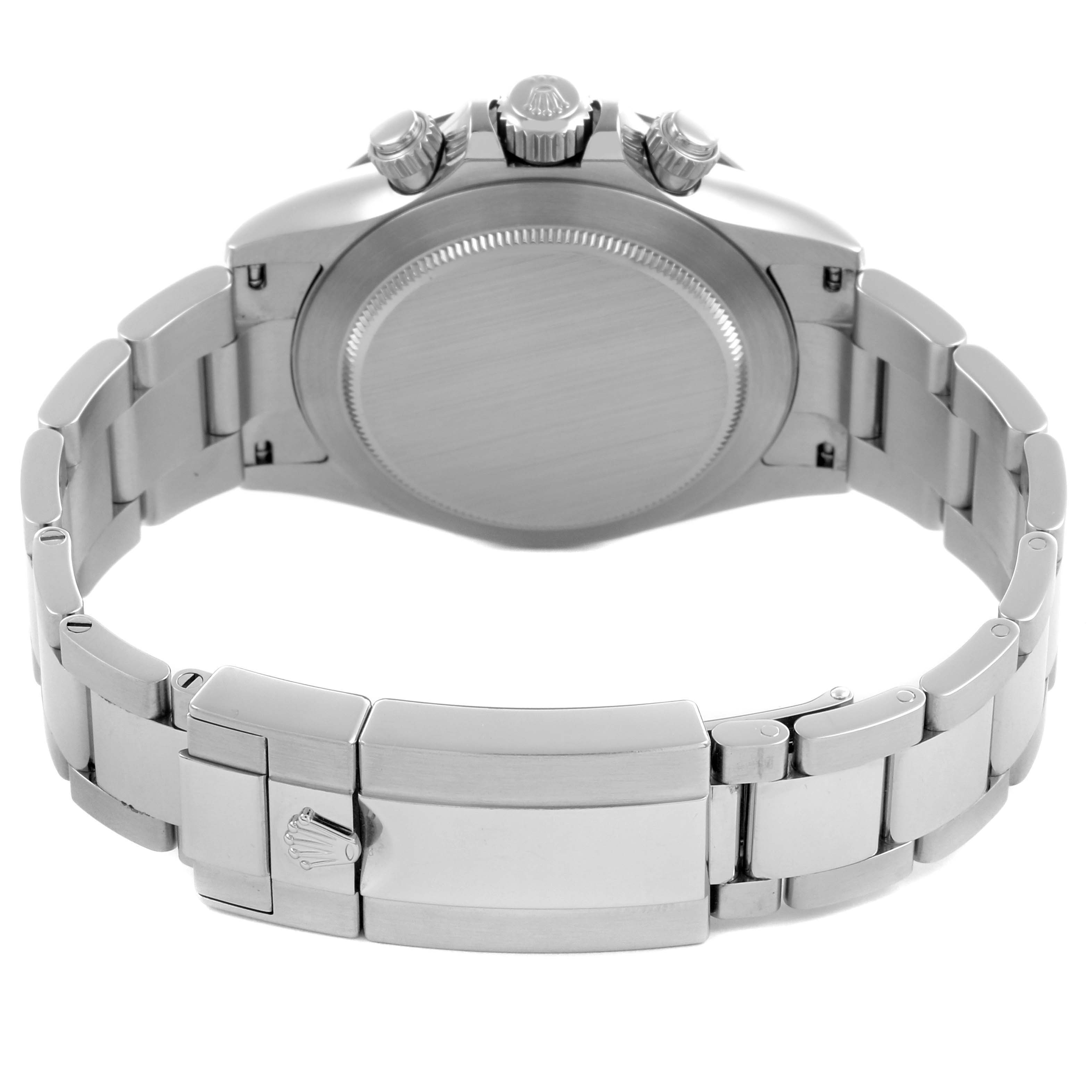 The image shows the back case, bracelet, and clasp of a Rolex Daytona 116500LN Men's Stainless Steel White Dial 116500LN Men's Stainless Steel White Dial watch from a rear angle.