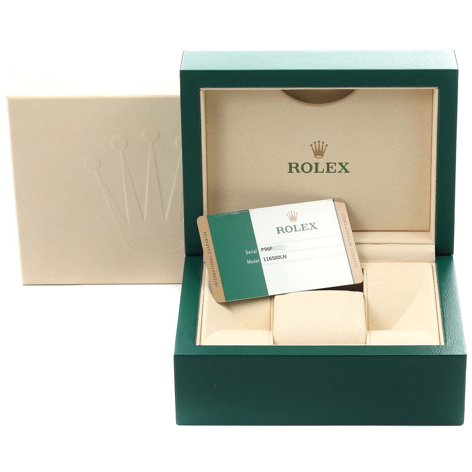 The image shows an open Rolex Daytona 116500LN Men's Stainless Steel White Dial 116500LN Men's Stainless Steel White Dial watch box displaying the interior and an authenticity card.