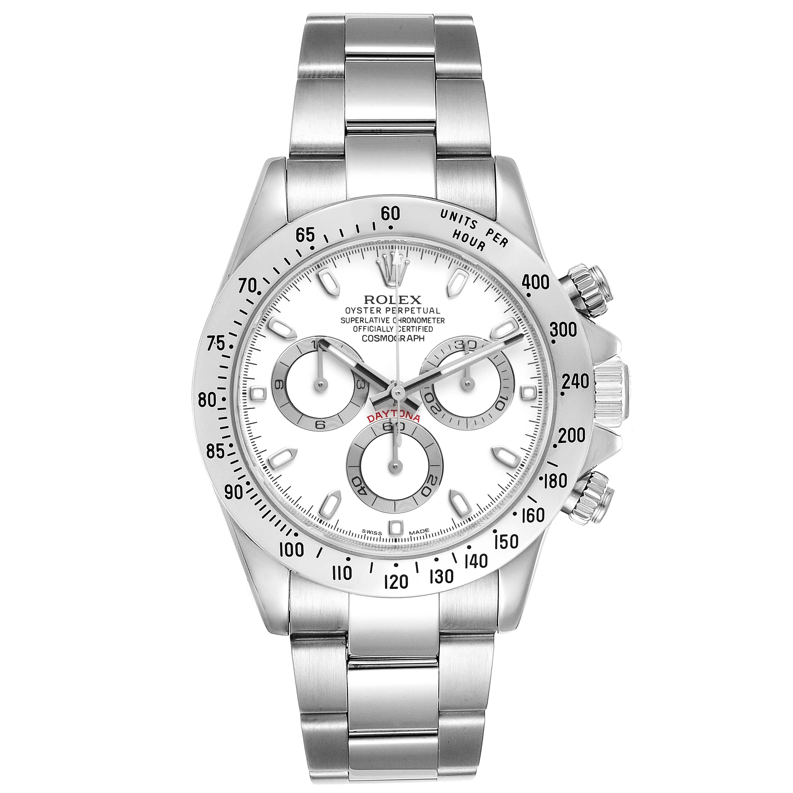 This image showcases the Rolex Daytona 116520 Men's Stainless Steel White Dial 116520 Men's Stainless Steel White Dial watch from a front angle, highlighting its dial, bezel, and metal bracelet.
