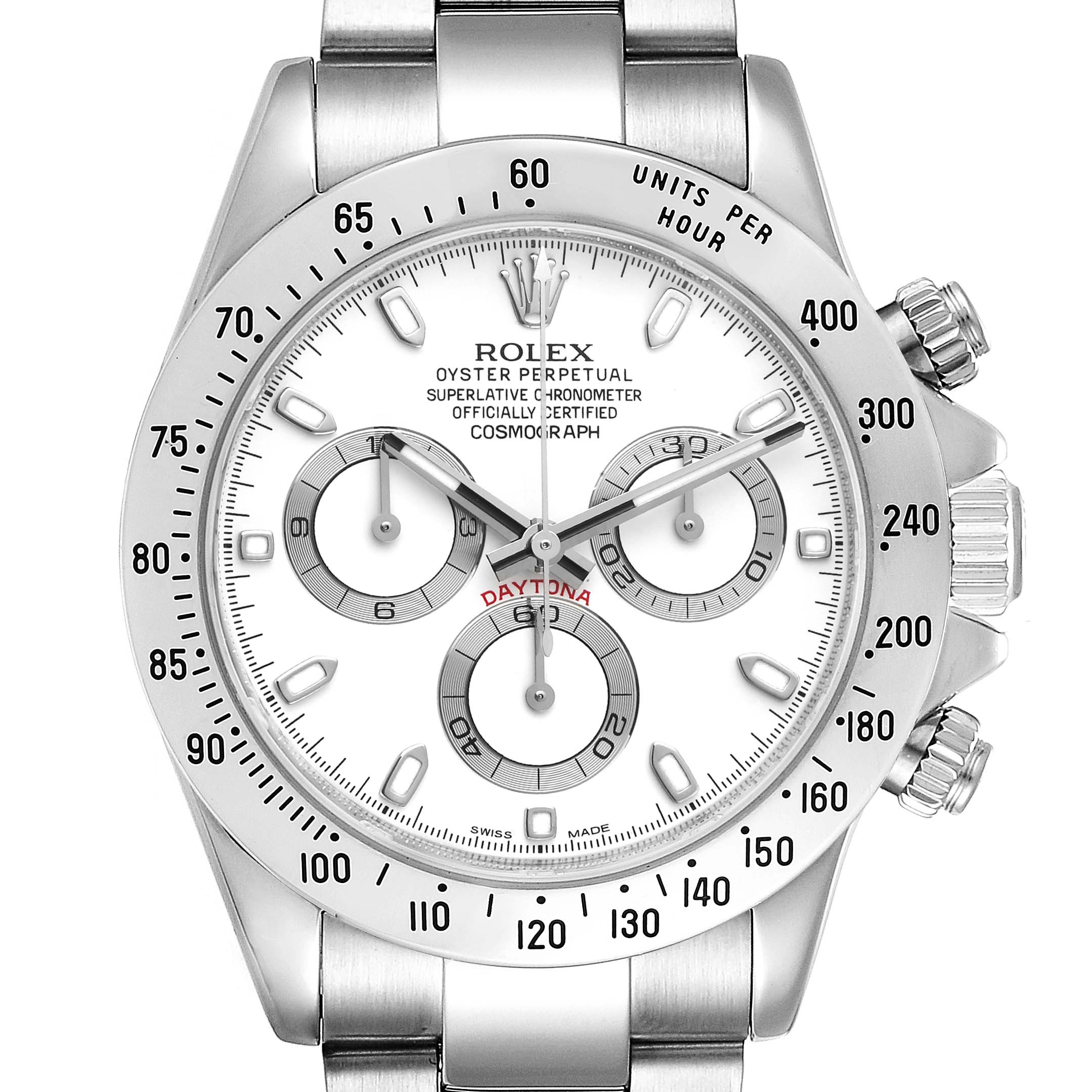 The image shows a front view of the Rolex Daytona 116520 Men's Stainless Steel White Dial 116520 Men's Stainless Steel White Dial watch, highlighting the dial, bezel, and chronograph subdials.