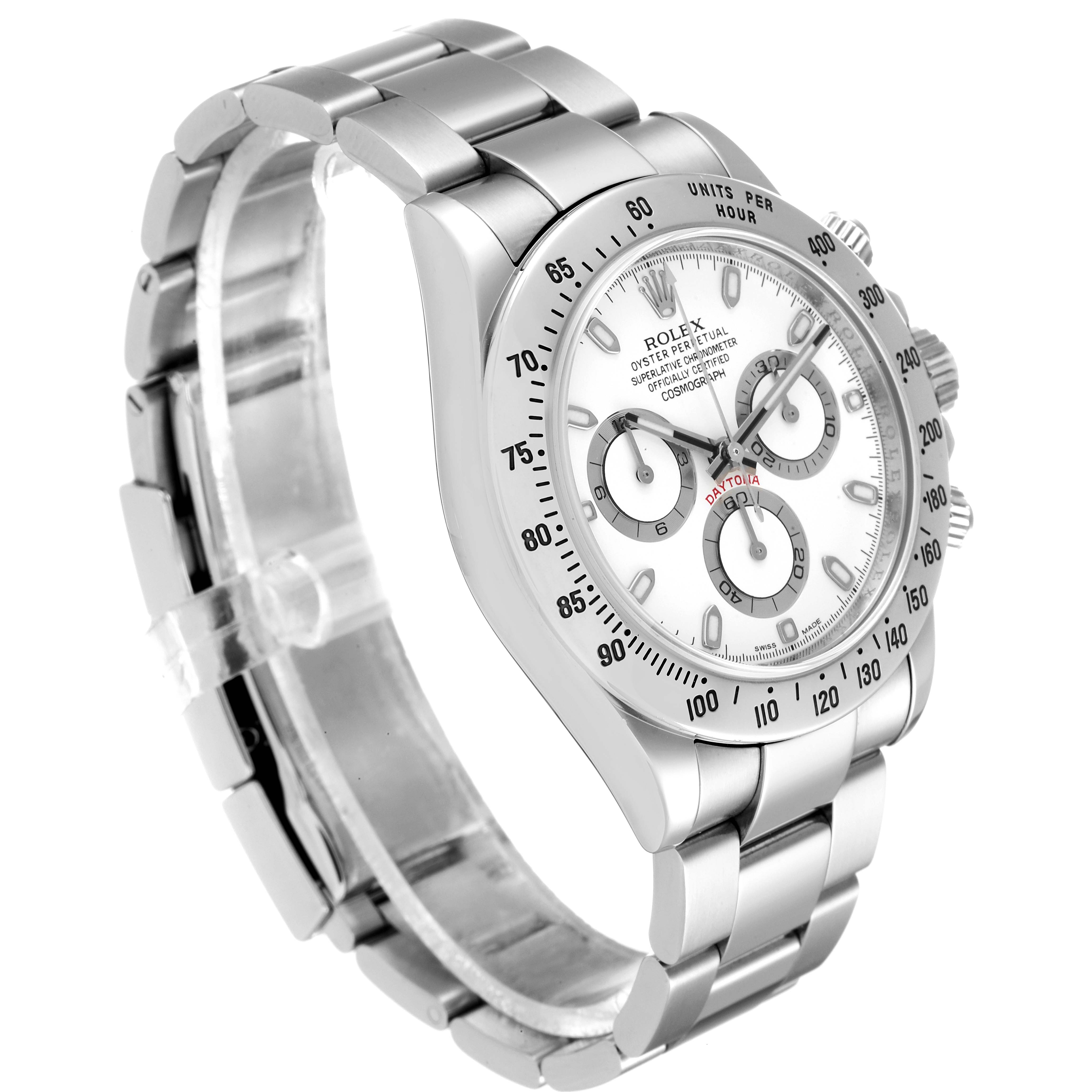 This Rolex Daytona 116520 Men's Stainless Steel White Dial 116520 Men's Stainless Steel White Dial watch is presented at an angle, showcasing its dial, bezel, pushers, and bracelet.