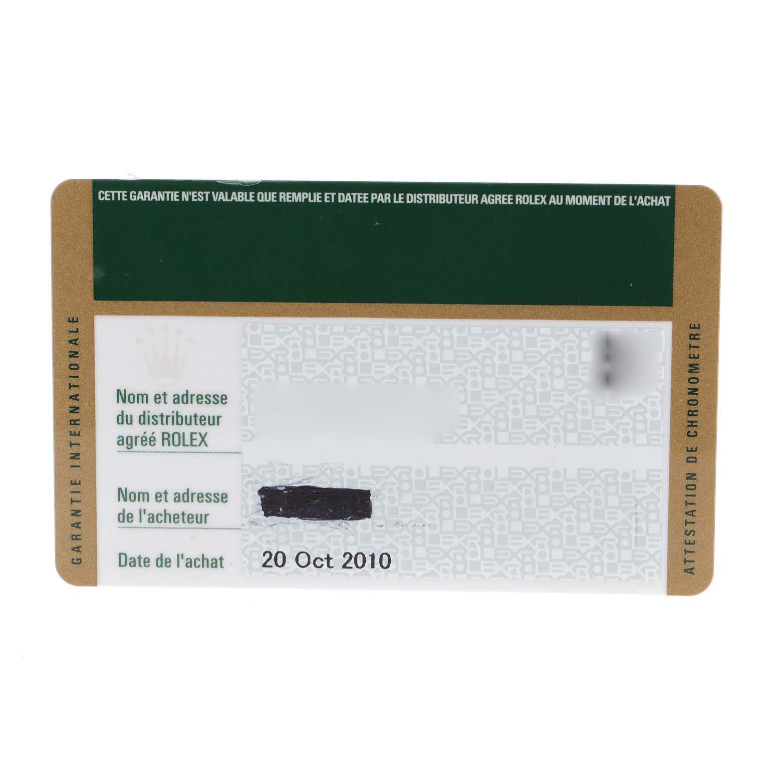 This image shows the warranty card for a Rolex Daytona 116520 Men's Stainless Steel White Dial 116520 Men's Stainless Steel White Dial watch, indicating purchase and dealer information.