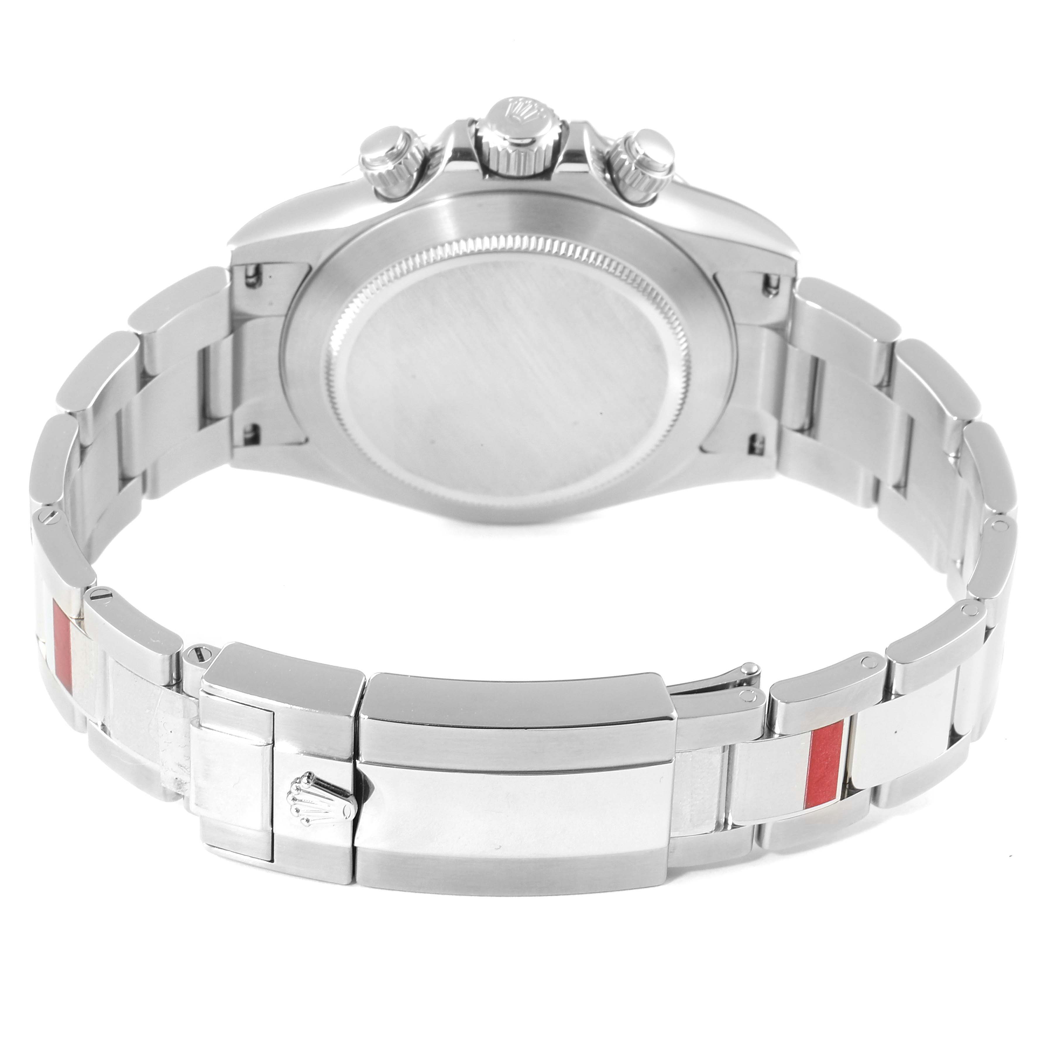 The image shows the back view of a Rolex Daytona 116520 Men's Stainless Steel White Dial 116520 Men's Stainless Steel White Dial watch, focusing on the case back, bracelet, and clasp.