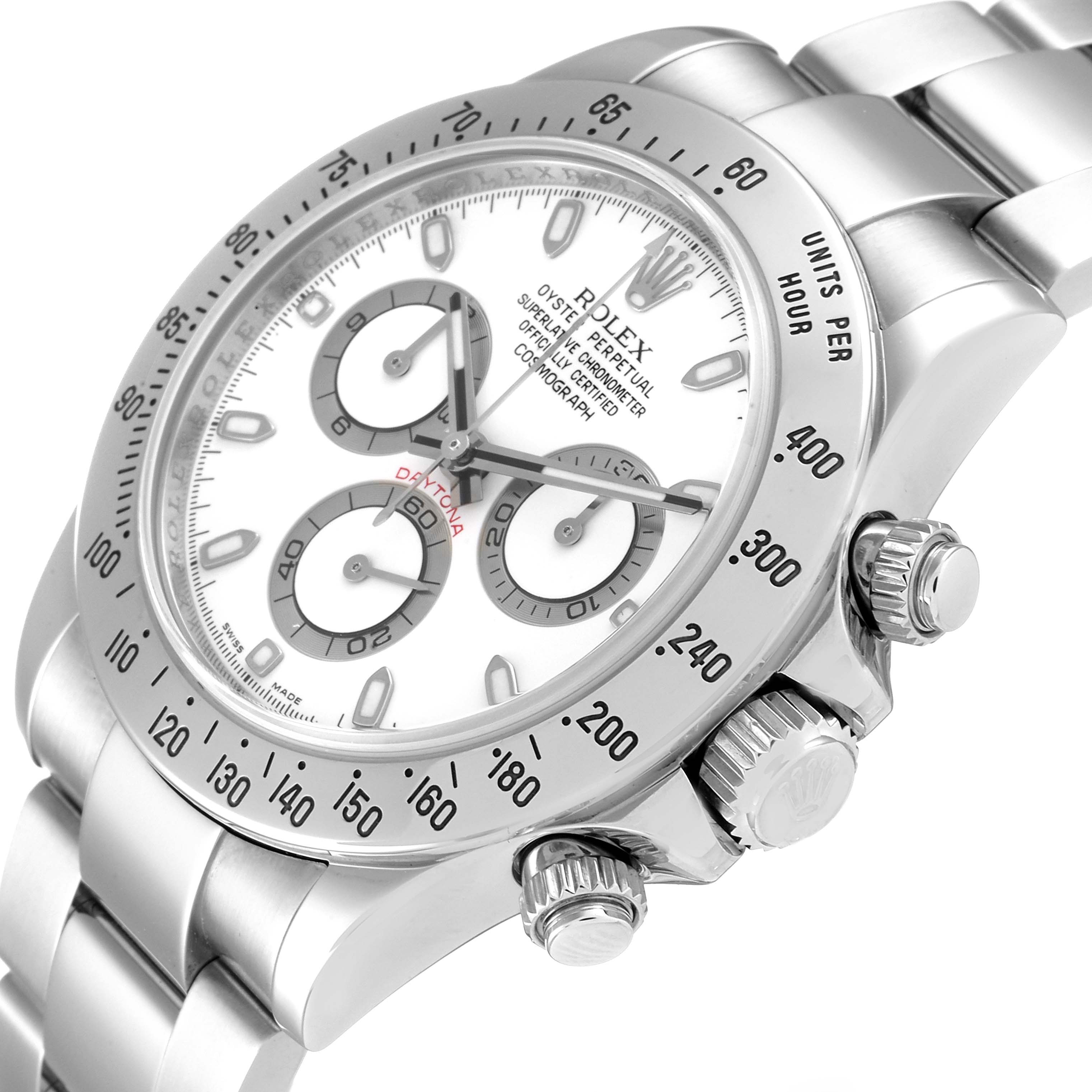The image shows a close-up angled view of the face and sides of the Rolex Daytona 116520 Men's Stainless Steel White Dial 116520 Men's Stainless Steel White Dial watch, highlighting the dials and bezel.