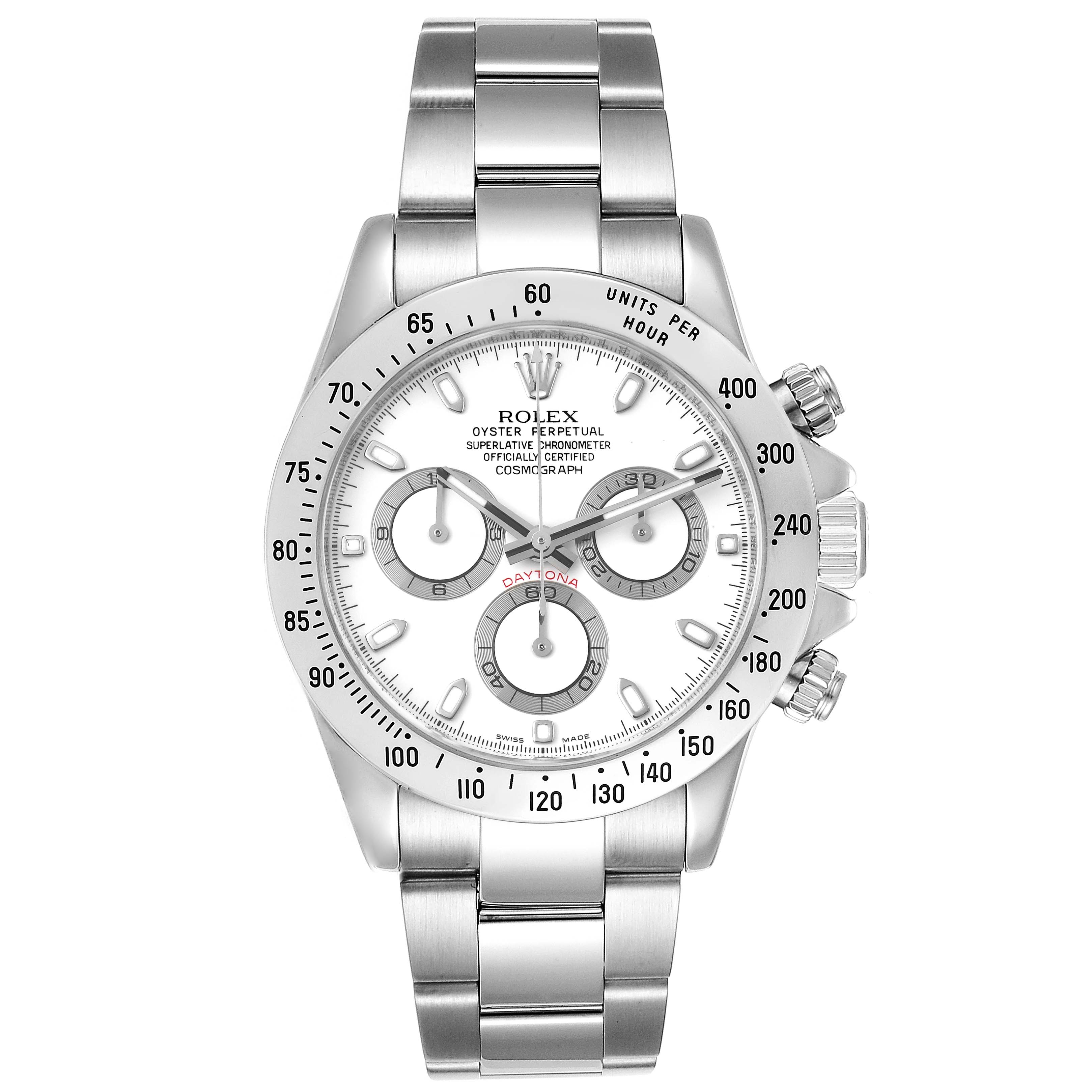 This image shows a front view of a Rolex Daytona 116520 Men's Stainless Steel White Dial 116520 Men's Stainless Steel White Dial watch, highlighting the dial, bezel, and bracelet.